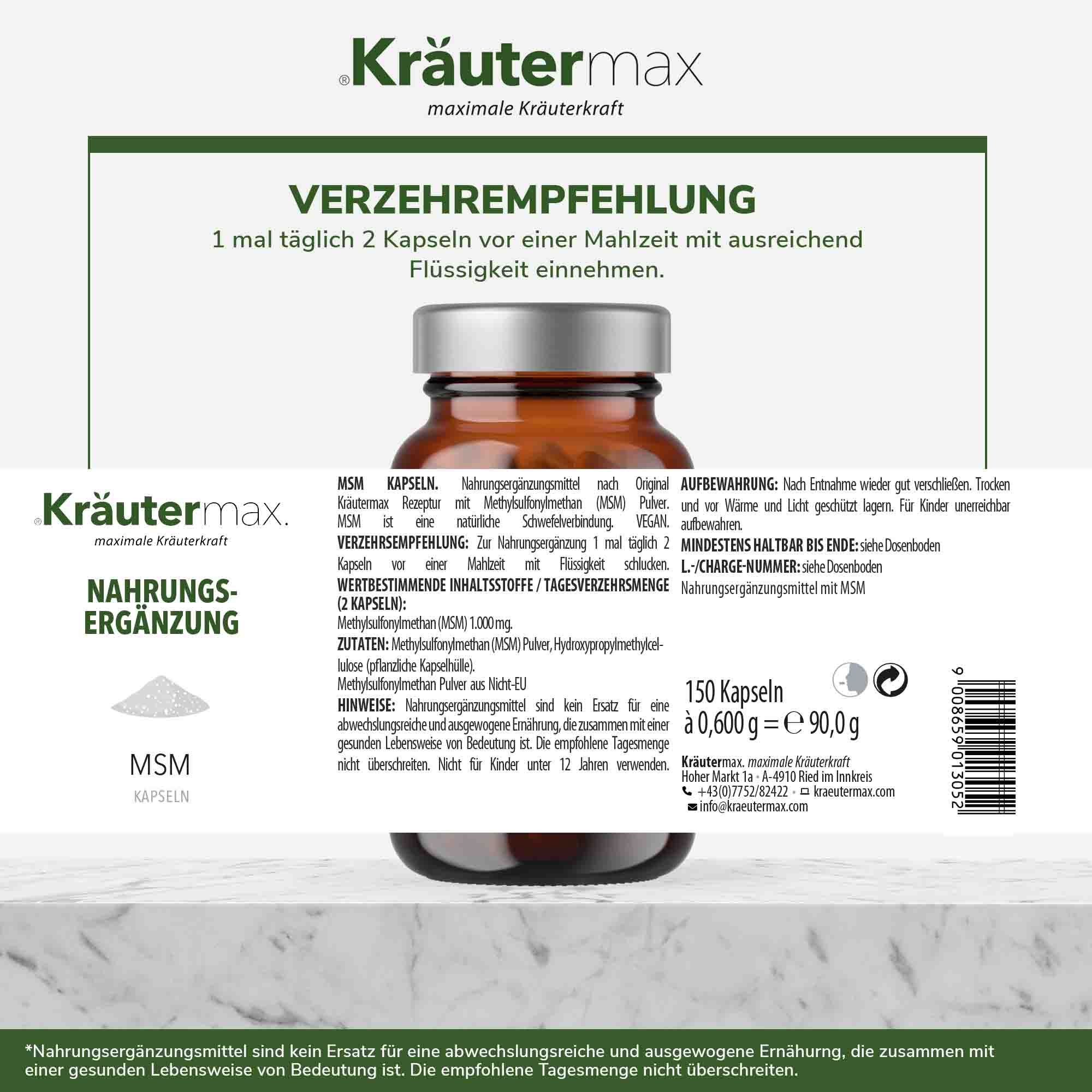 Braune Glasflasche mit weißen Kapseln. Aufschrift: Kräutermax, Nahrungsergänzung, MSM Kapseln. Rückseite mit Informationen und Verzehrempfehlung.
