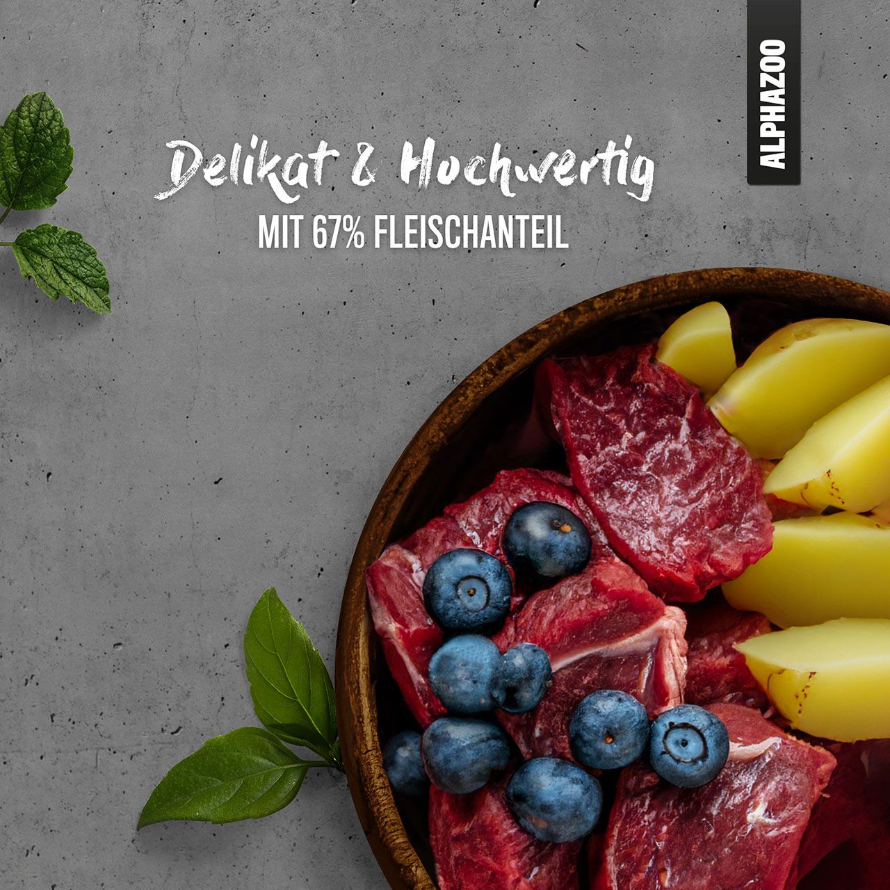 Nahaufnahme von Rindfleisch, Kartoffeln und Blaubeeren in einer Schüssel. Aufschrift: Delikat & Hochwertig mit 67% Fleischanteil.