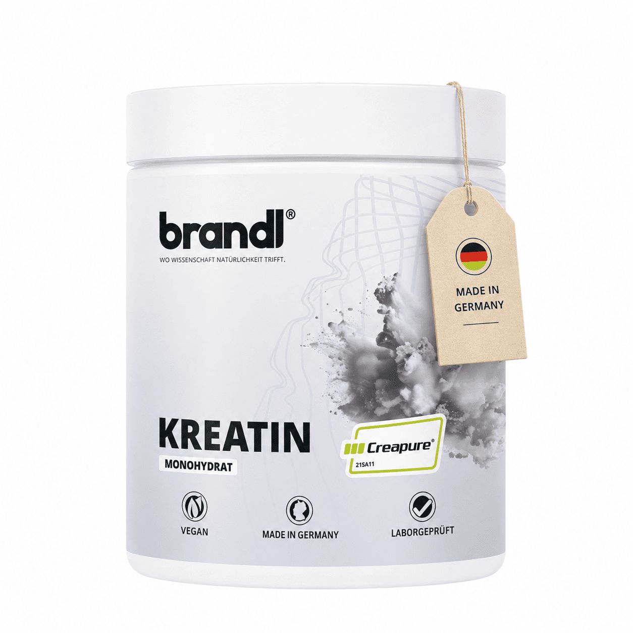 Weiße Dose mit Aufschrift: KREATIN MONOHYDRAT. Logo: Creapure. Anhänger mit Deutschlandflagge. Text: vegan, Made in Germany, laborgeprüft.