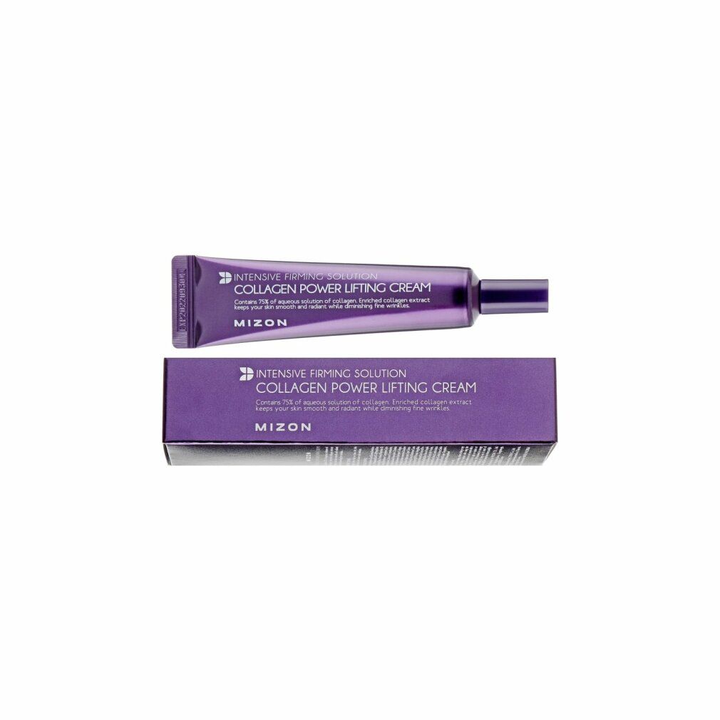 Lila Tube und Schachtel mit Produktbeschriftung. Aufschrift: Collagen Power Lifting Cream. Marke: Mizon.