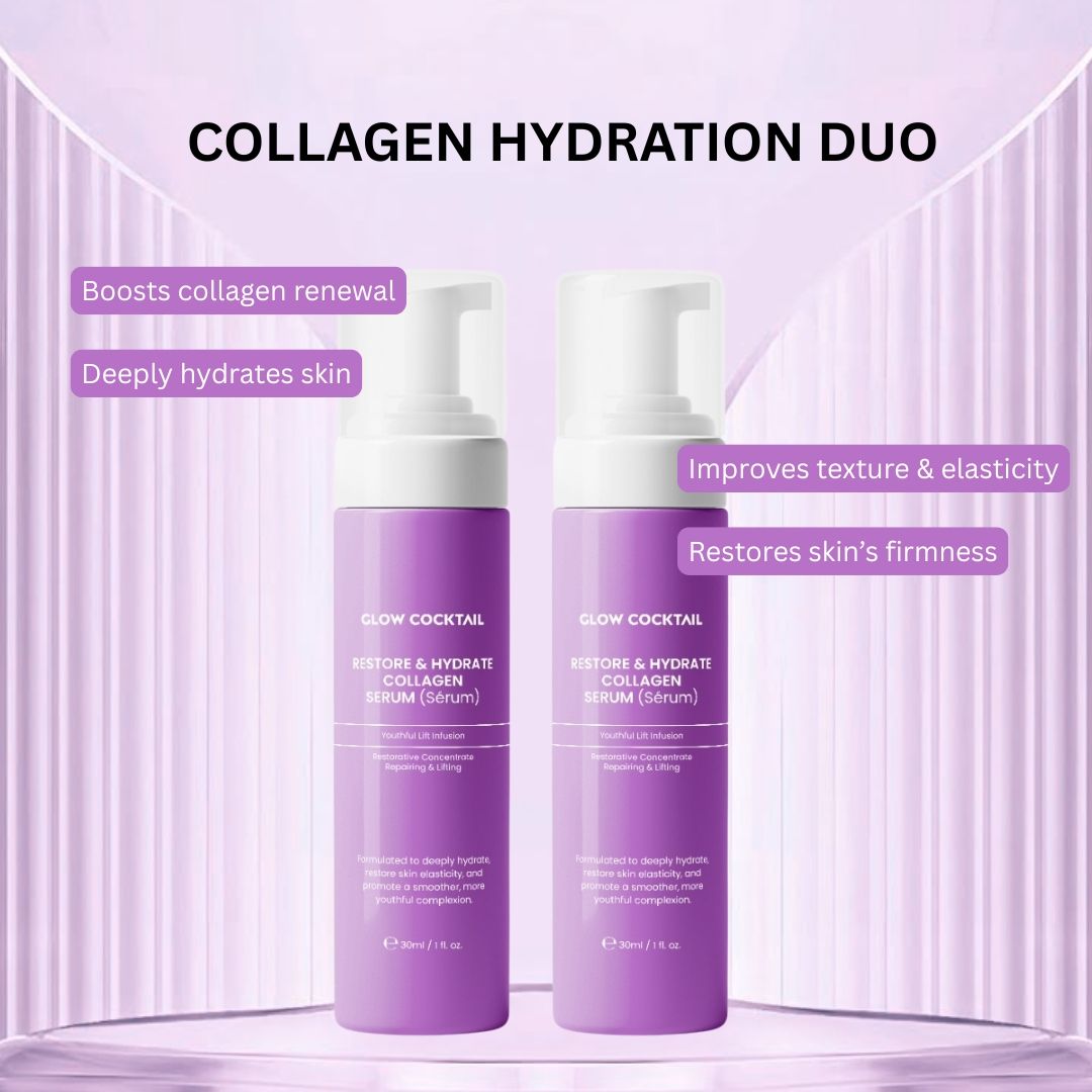 Zwei lila Flaschen Glow Cocktail Restore & Hydrate Collagen Serum mit Pumpspendern.