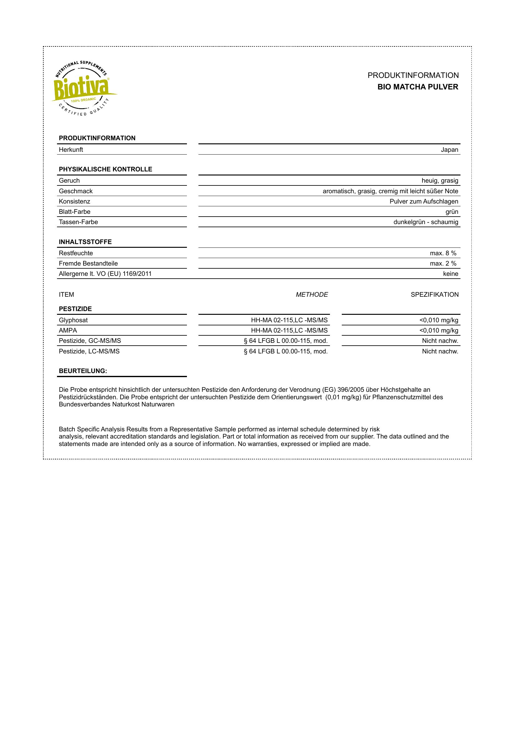 Produktinformationsblatt für Bio Matcha Pulver. Enthält Informationen zu physikalischen Kontrollen, Inhaltsstoffen und Pestiziden.
