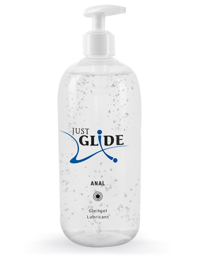 Transparente Flasche mit Dosierpumpe. Aufschrift: JUST GLIDE ANAL. Medizinischer Gleitgel.