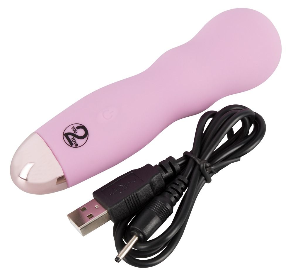 Rosa Mini-Vibrator mit USB-Ladekabel und Logo, silberne Spitze.