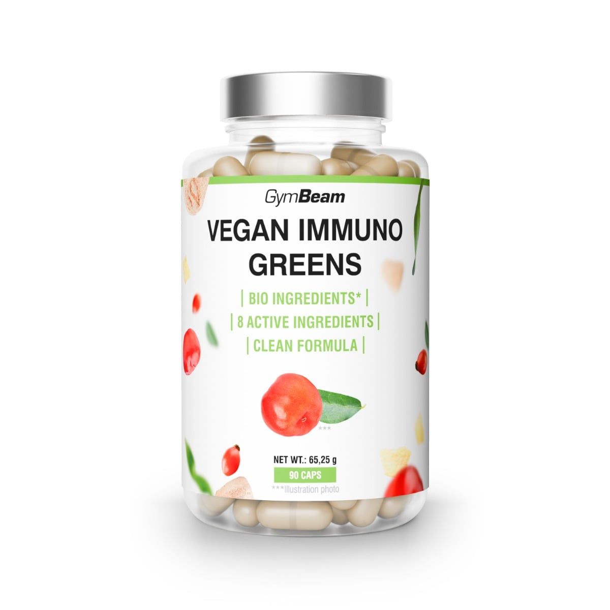 GymBeam Vegan Immuno Greens Kapseln in transparenter Flasche mit silbernem Deckel. Enthält 90 Kapseln.