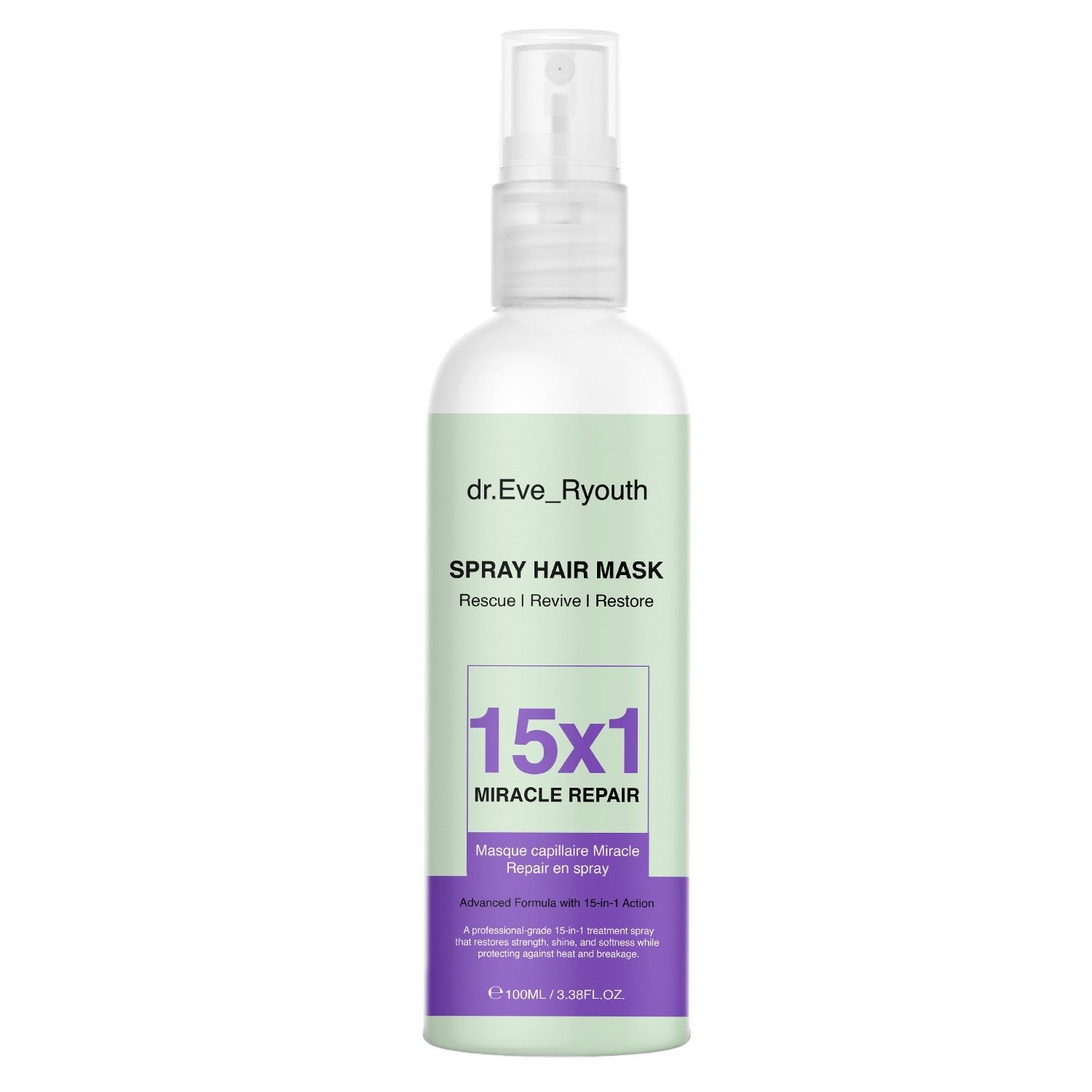 Spray-Haarmaske in weißer Flasche mit Sprühkopf. Aufschrift: "15x1 Miracle Repair".