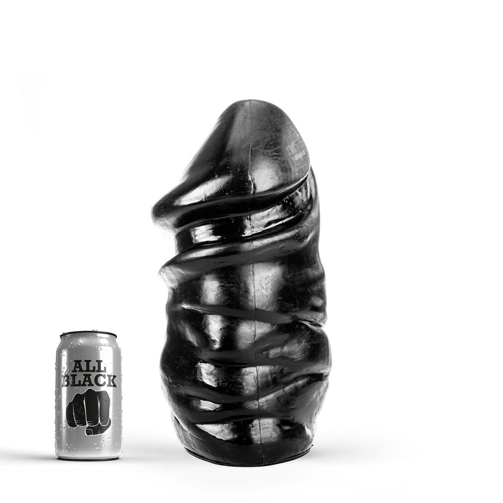 Schwarzer Dildo, glatte Oberfläche, ohne Hoden. Neben einer Dose mit "ALL BLACK" und Faust-Logo.