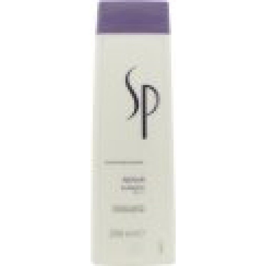 Weißes Shampoo mit lila Deckel. Aufschrift SP, Repair Shampoo.