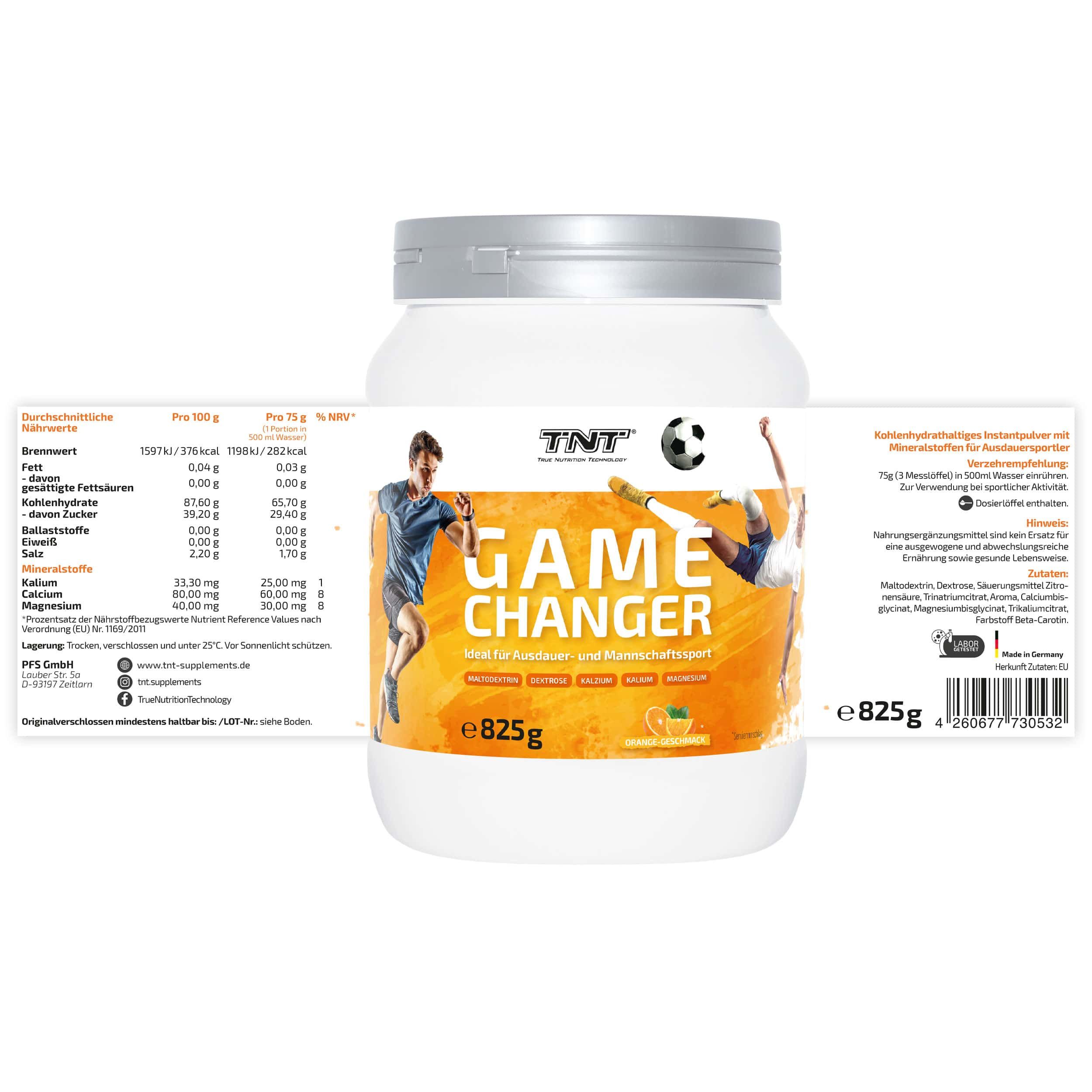 Weißer Behälter TNT Game Changer mit Nährwertangaben. 825g. Orange-Geschmack. Fußball-Logo.