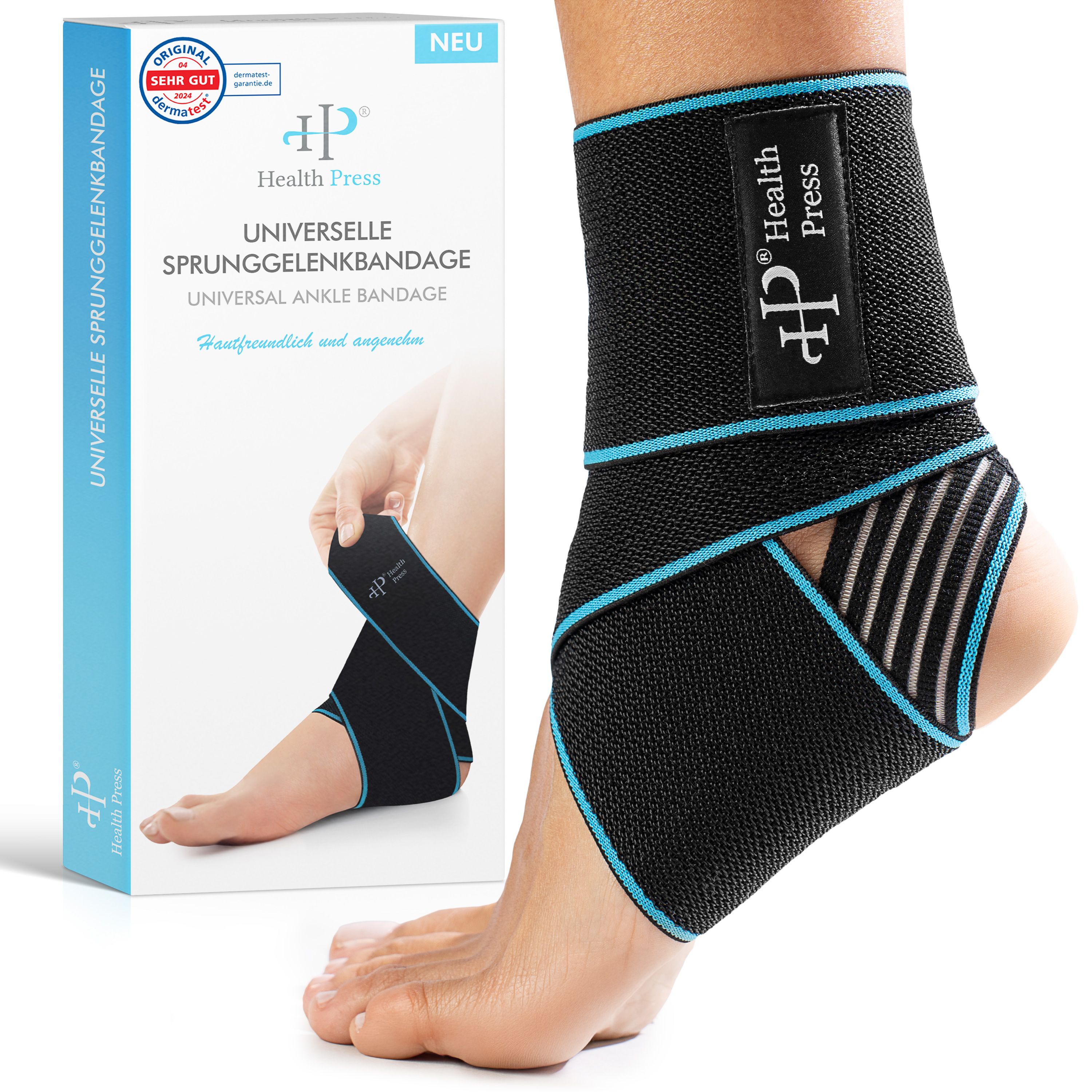 Knöchelbandage mit Verpackung. Text: Universelle Sprunggelenkbandage, Health Press. Schwarz-blaues Design. Produktabbildung und Verpackung.