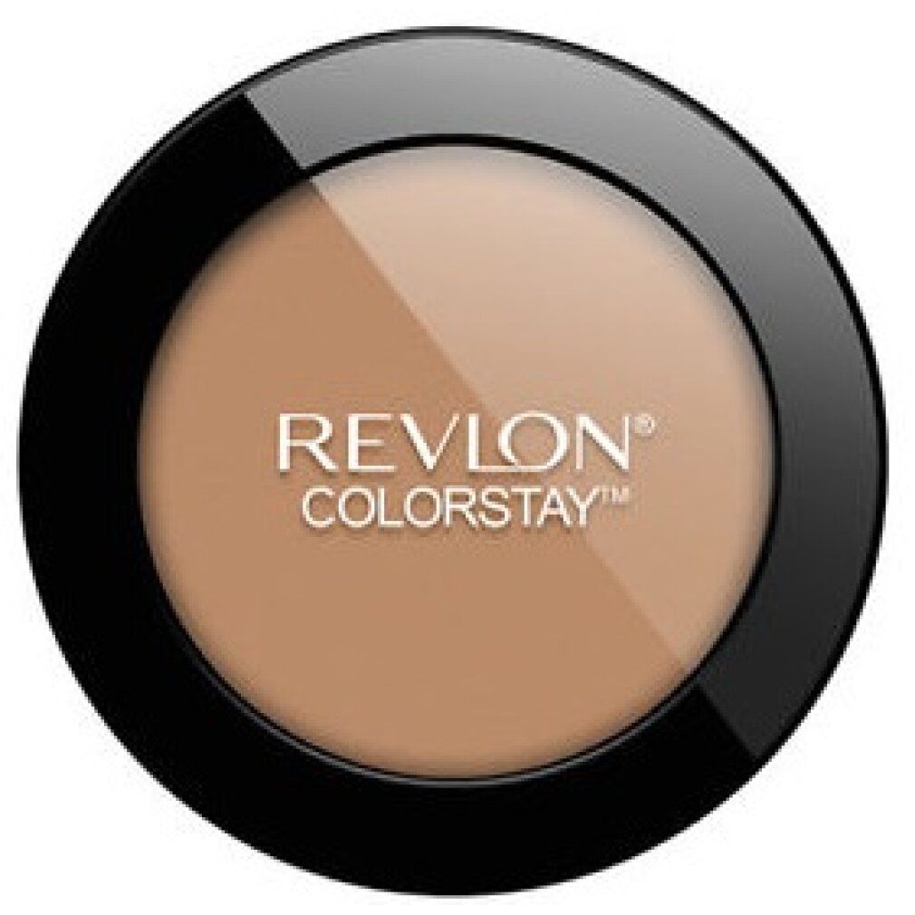 Runder, gepresster Puder von Revlon Colorstay. Schwarzer Behälter mit zwei Farbtönen. Marke und Name sichtbar.