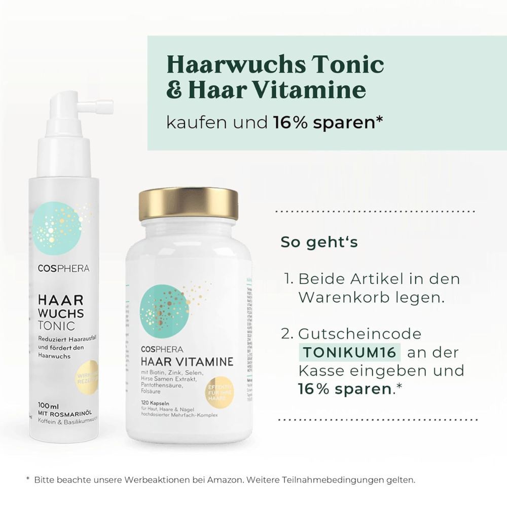 Haarwuchs Tonic und Haar Vitamine. Text: Kaufen und 16% sparen. So geht's: Artikel in den Warenkorb legen. Gutscheincode TONIKUM16 eingeben.