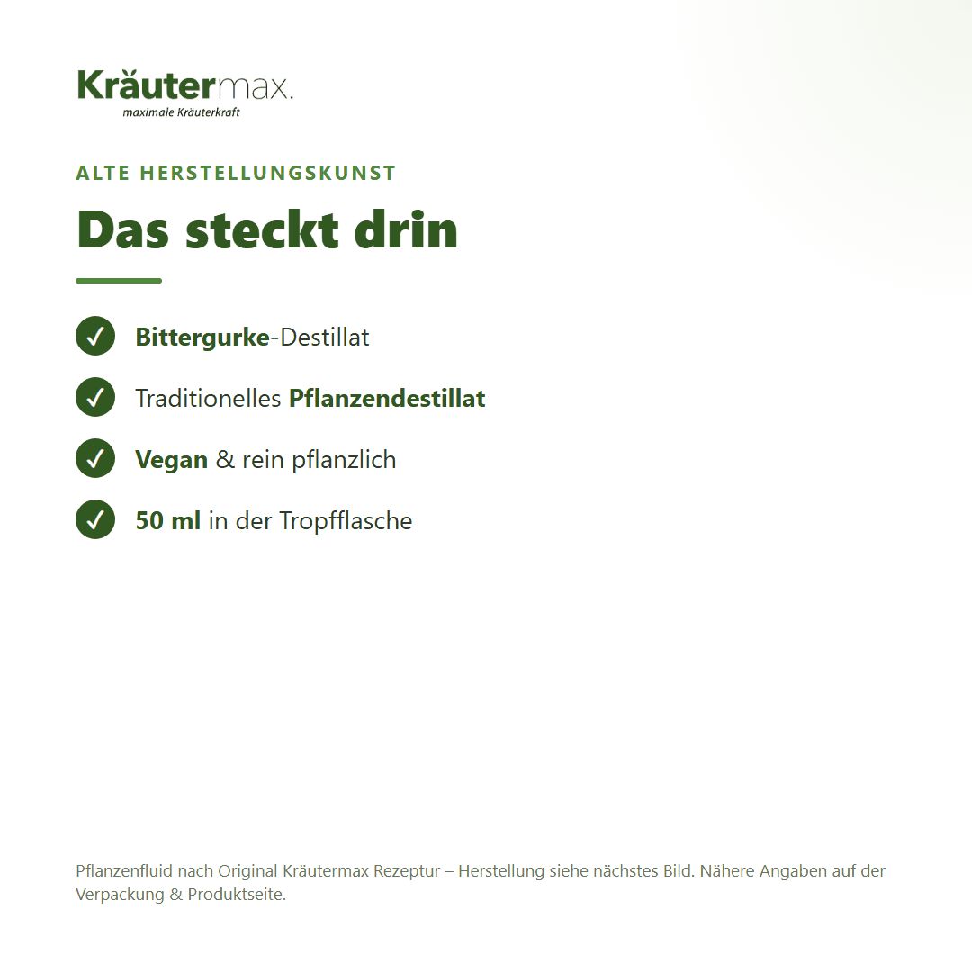 Infoboxen: Bittergurke-Destillat, Traditionelles Pflanzendestillat, Vegan & rein pflanzlich, 50 ml in Tropfflasche.