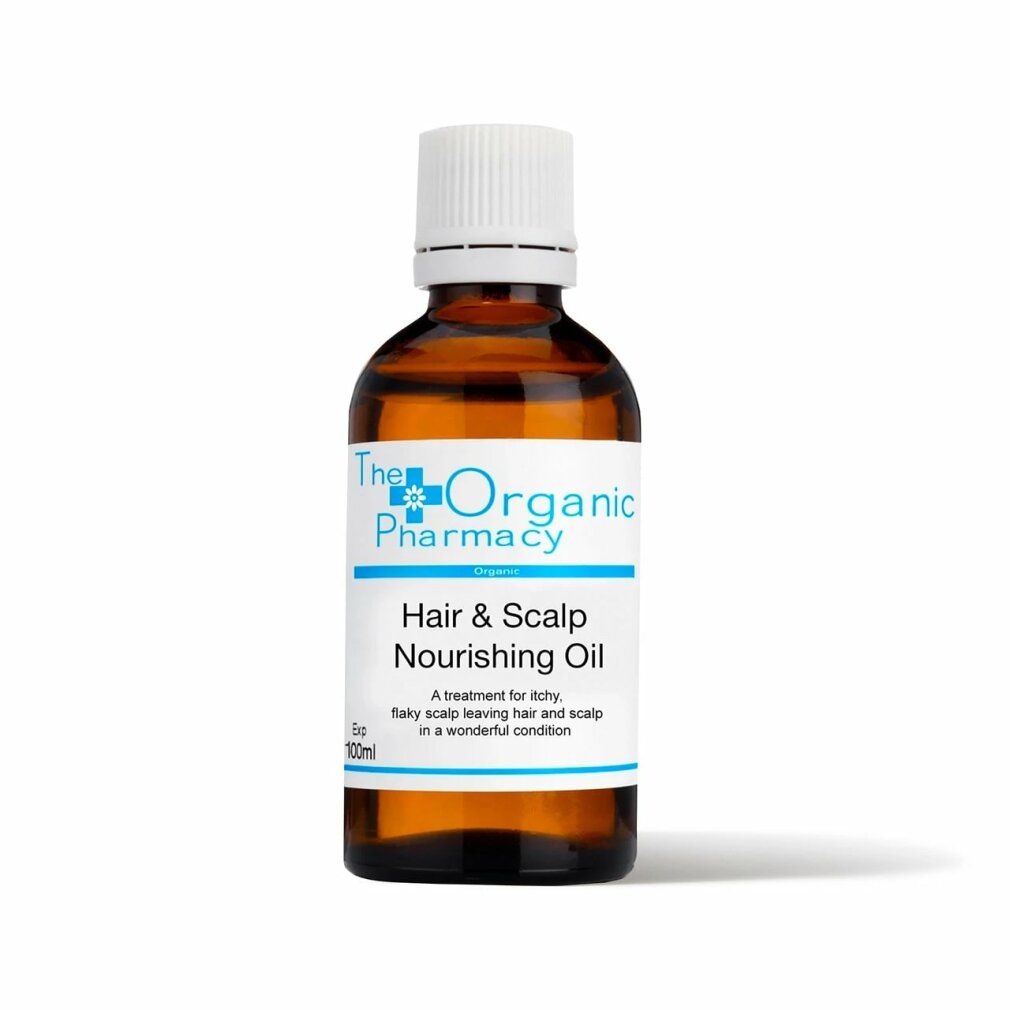 Braune Glasflasche mit weißem Deckel und Etikett. Text: Hair & Scalp Nourishing Oil, 100ml.