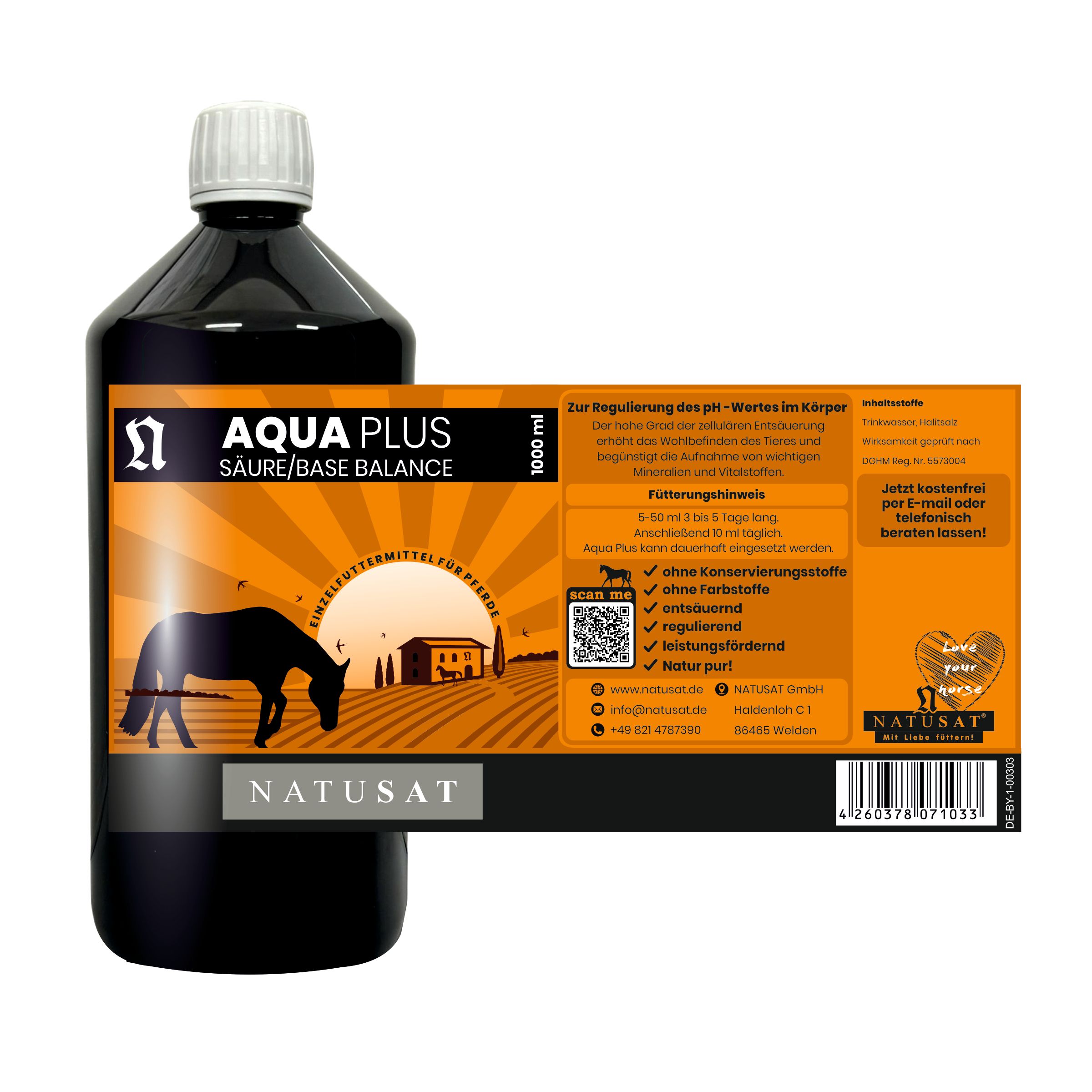 Dunkle 1000ml Flasche NATUSAT Aqua plus Säure/Base Balance mit orangefarbenem Etikett und Pferdemotiv.