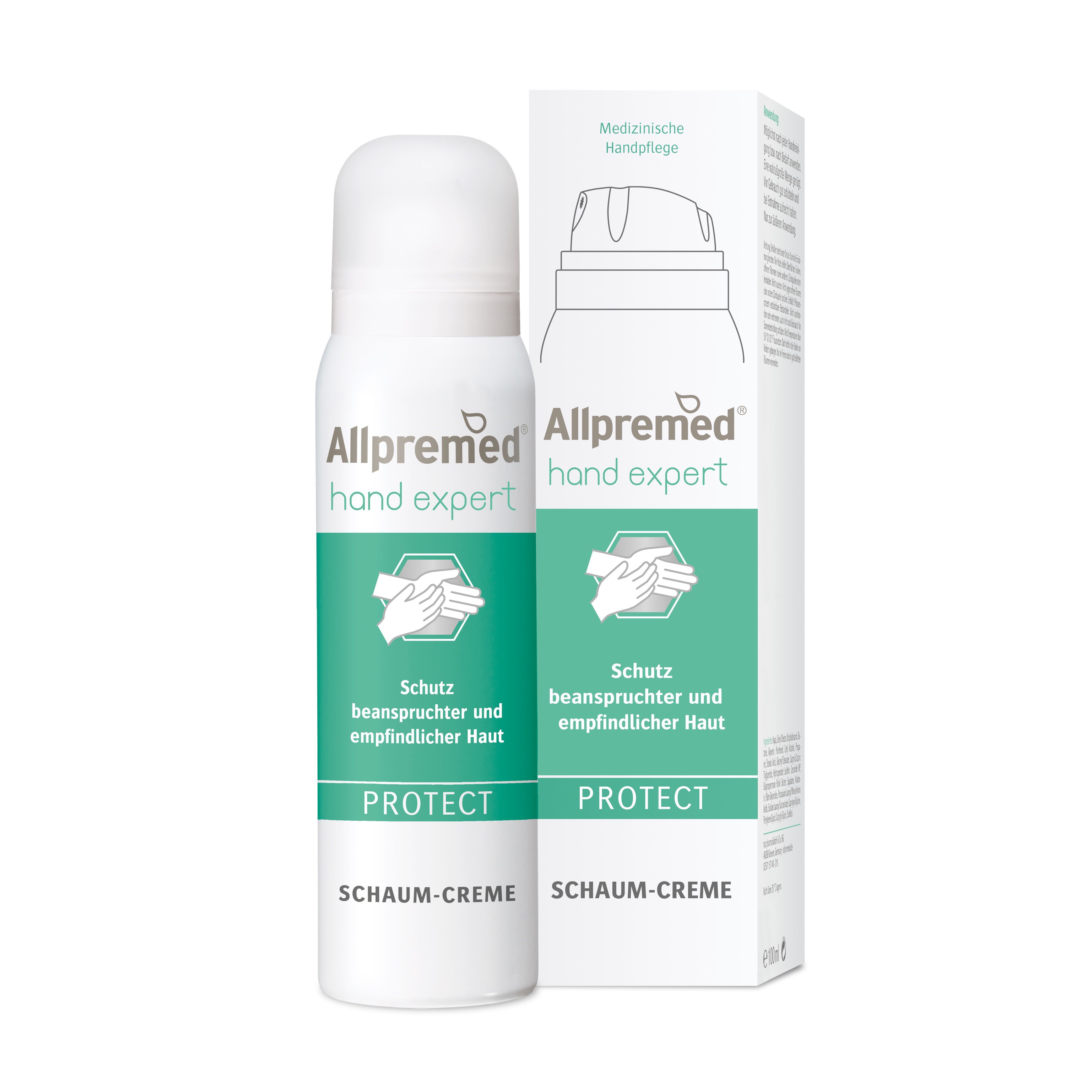 Allpremed® hand expert Schaum-Creme PROTECT. Weiße Sprühflasche und Verpackung. Text: Schutz beanspruchter und empfindlicher Haut.