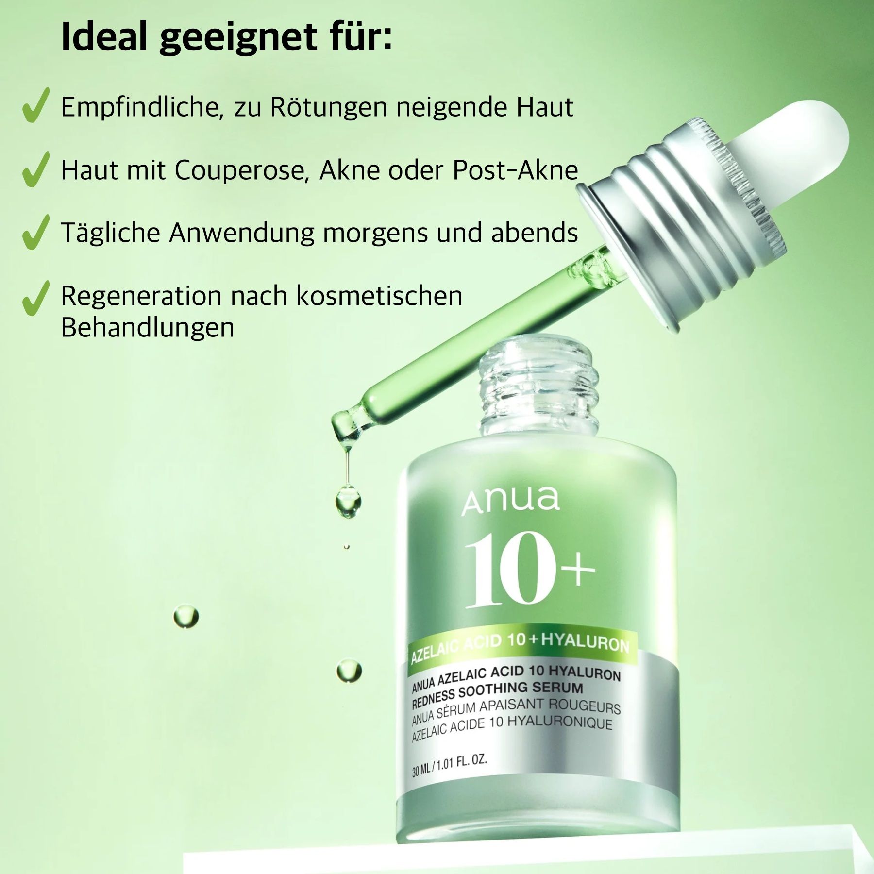 Produktflasche mit Pipette. Text: Ideal geeignet für: empfindliche Haut, Couperose, Akne, tägliche Anwendung.