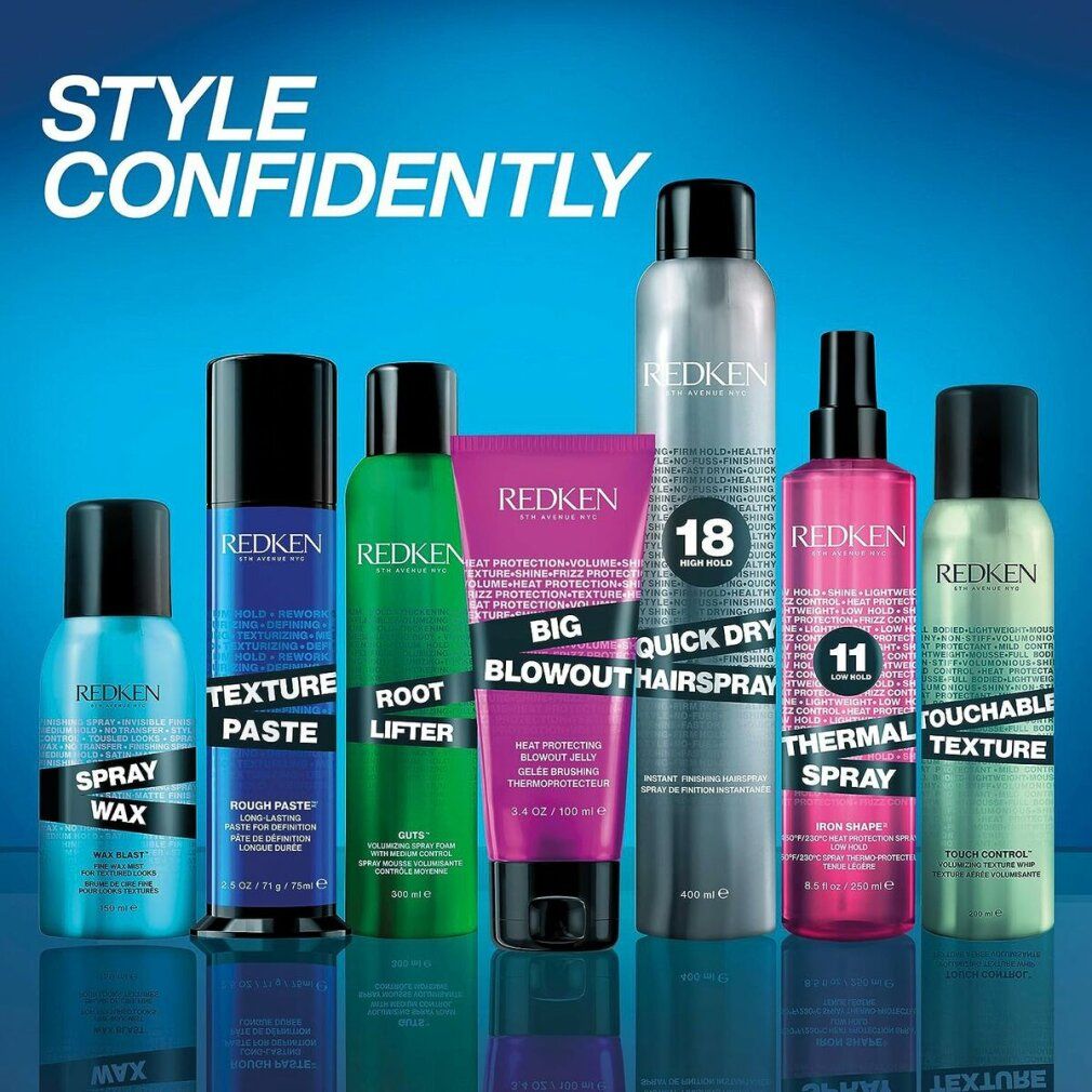 Mehrere Redken-Haarstylingprodukte. Enthalten Root Tease, Textur Paste, Spray Wax, und andere. Alle in verschiedenen Farben und Formen.