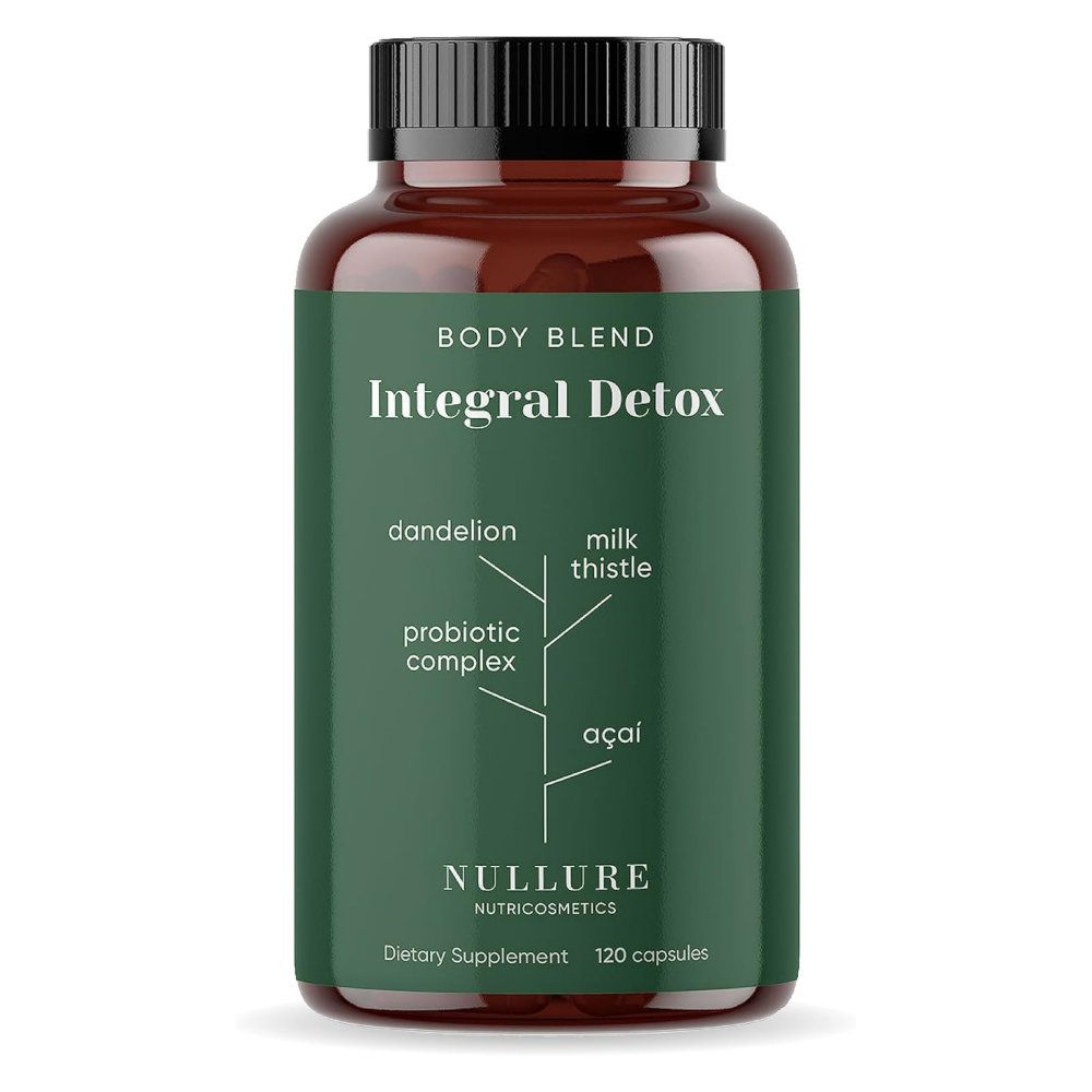 Braune Flasche mit grüner Etikett. Aufschrift: Integral Detox, 120 Kapseln. Zutaten: Löwenzahn, Mariendistel, Probiotikum, Acai.
