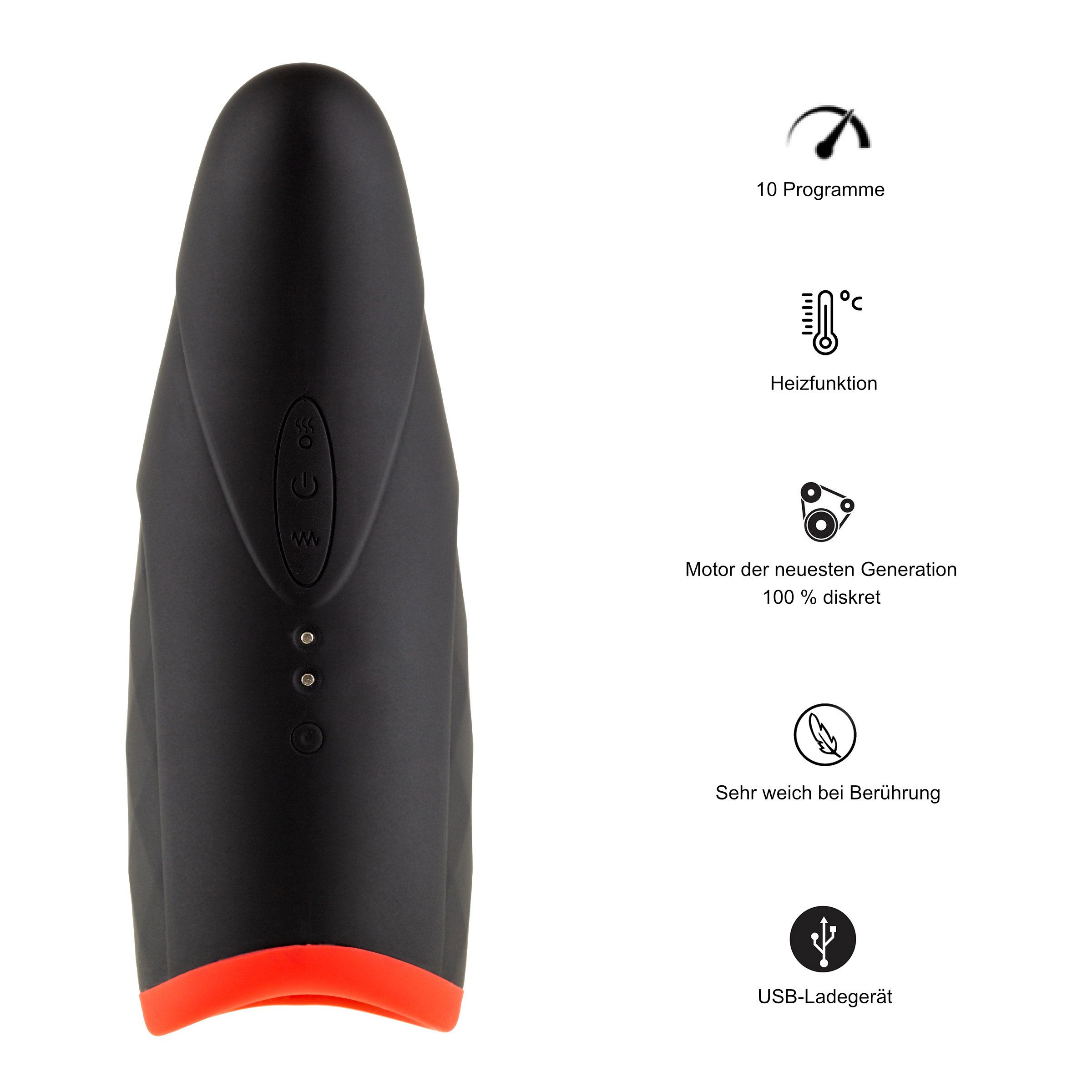 Schwarzer Masturbator mit roten Akzenten, Heizfunktion, 10 Programme, USB-Ladekabel.