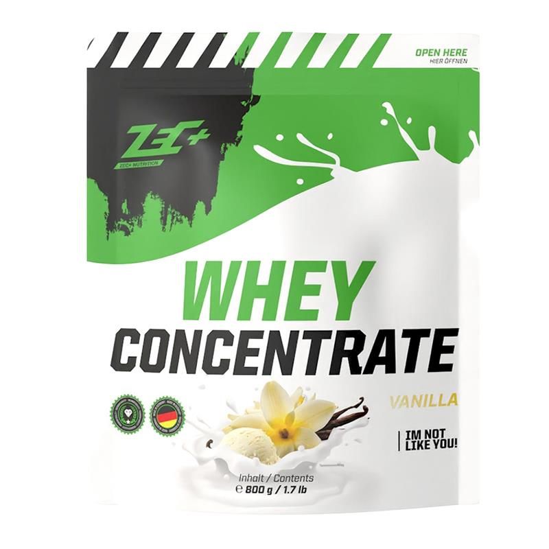 ZEC+ Whey Concentrate Vanille. Beutel mit Produktabbildung, Vanilleblüten und -schoten. Text: Whey Concentrate, Vanille, 800g.