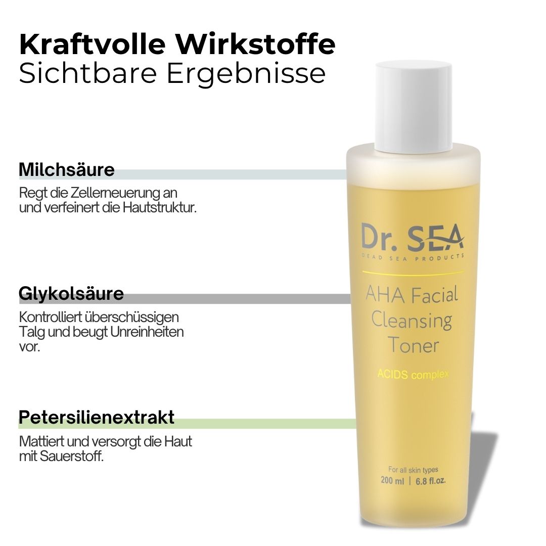 Dr. SEA AHA Facial Cleansing Toner. Flasche mit gelber Flüssigkeit. Text: AHA Facial Cleansing Toner. Inhaltsstoffe: Milchsäure, Glykolsäure, Petersilienextrakt.