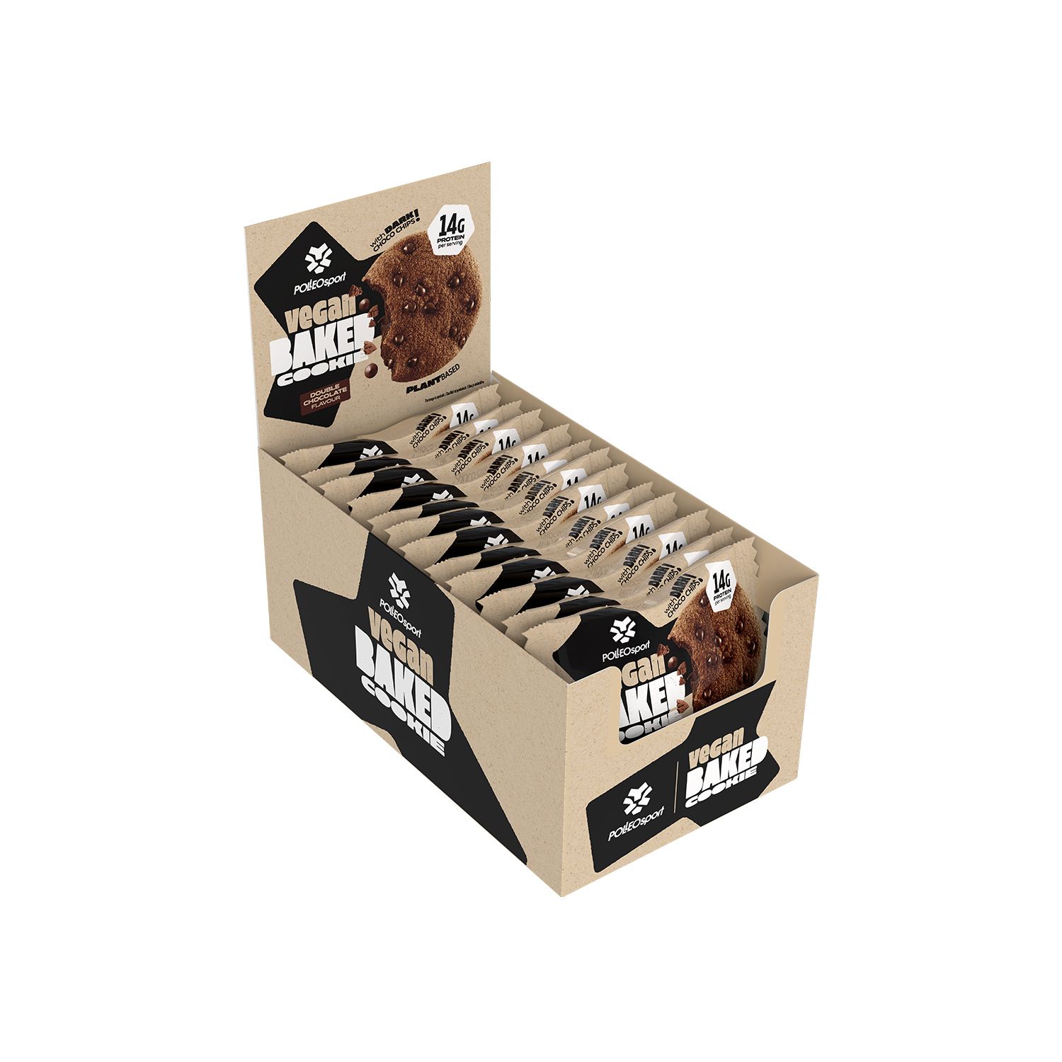 Karton mit 15 einzeln verpackten veganen Keksen, Schokoladenstückchen.