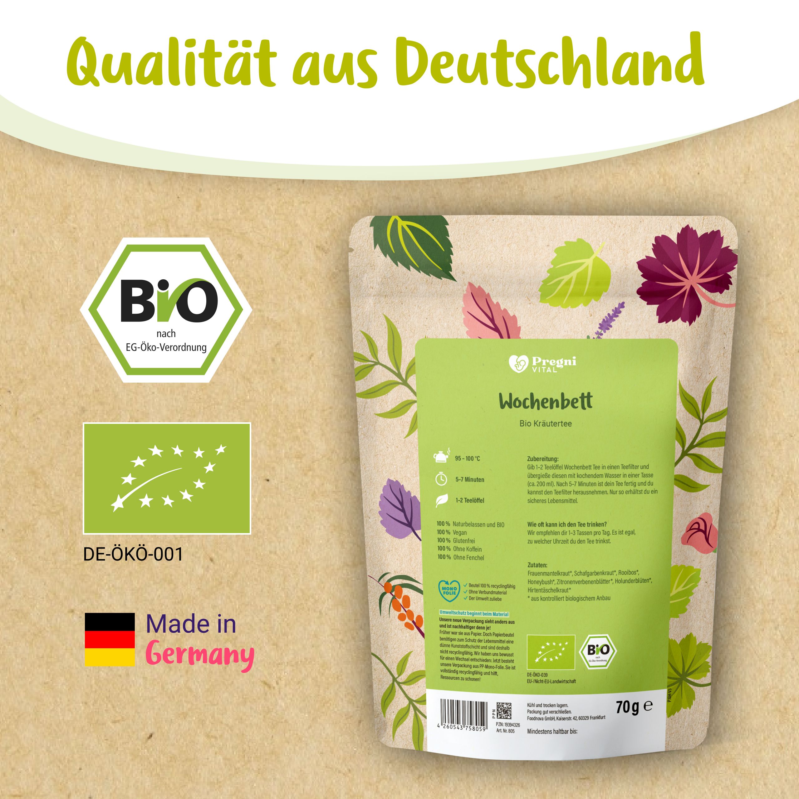 PregniVital Wochenbett BIO Kräutertee, Qualität aus Deutschland, BIO-Siegel und Made in Germany.