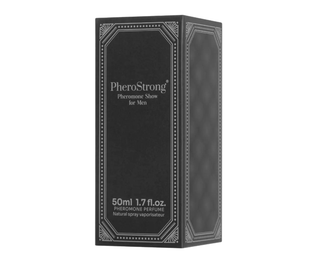 Schwarze rechteckige Verpackung. Aufschrift: PheroStrong Pheromone Show for Men, 50ml 1.7 fl.oz. Natürliches Spray.