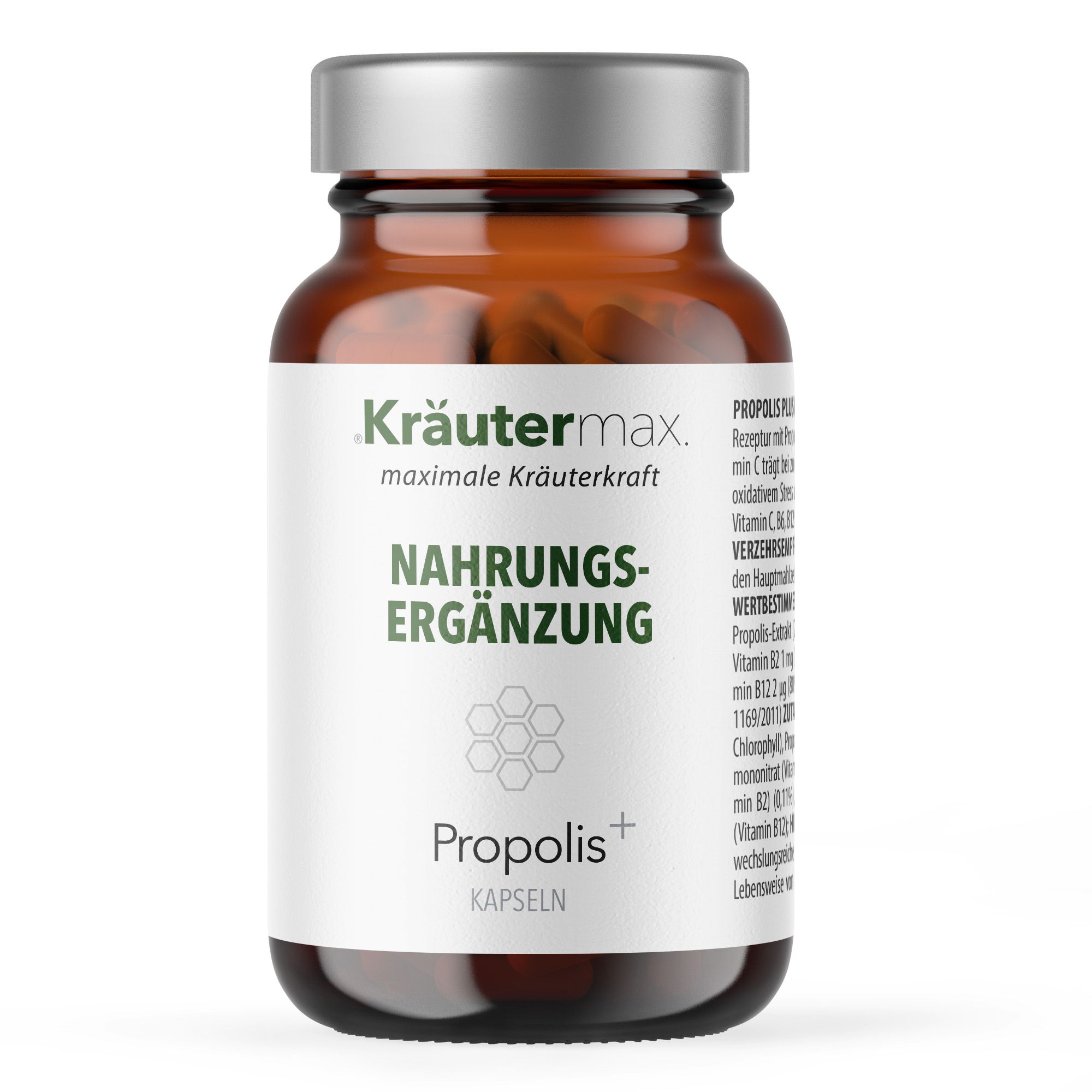 Kräutermax Propolis Kapseln in brauner Glasflasche. Aufschrift: Nahrungsergänzung. Produktetikett mit Inhaltsstoffen.