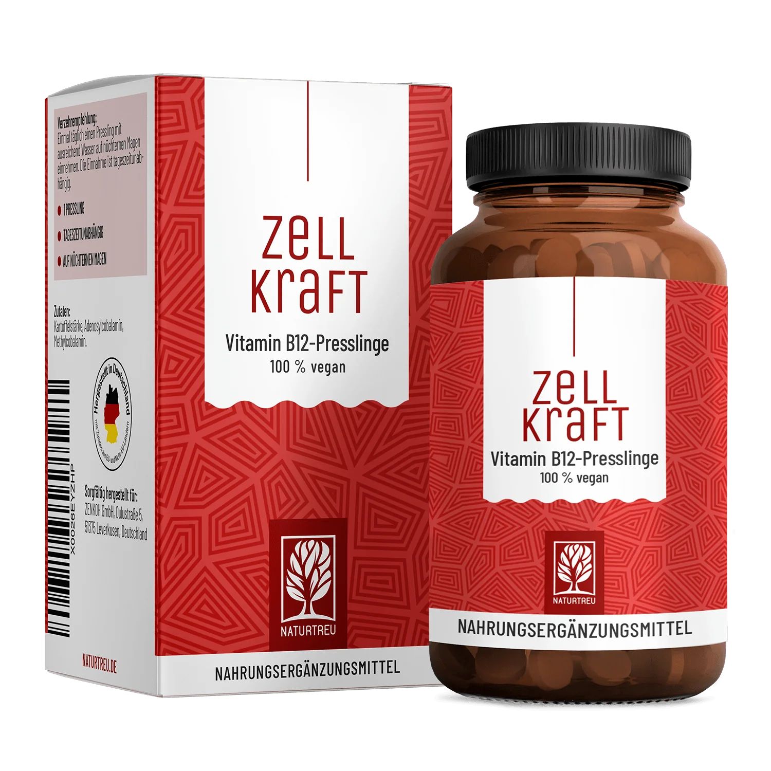 Verpackung und Flasche mit Vitamin B12 Presslingen, rot-weißes Design, Marke ZELLKRAFT.