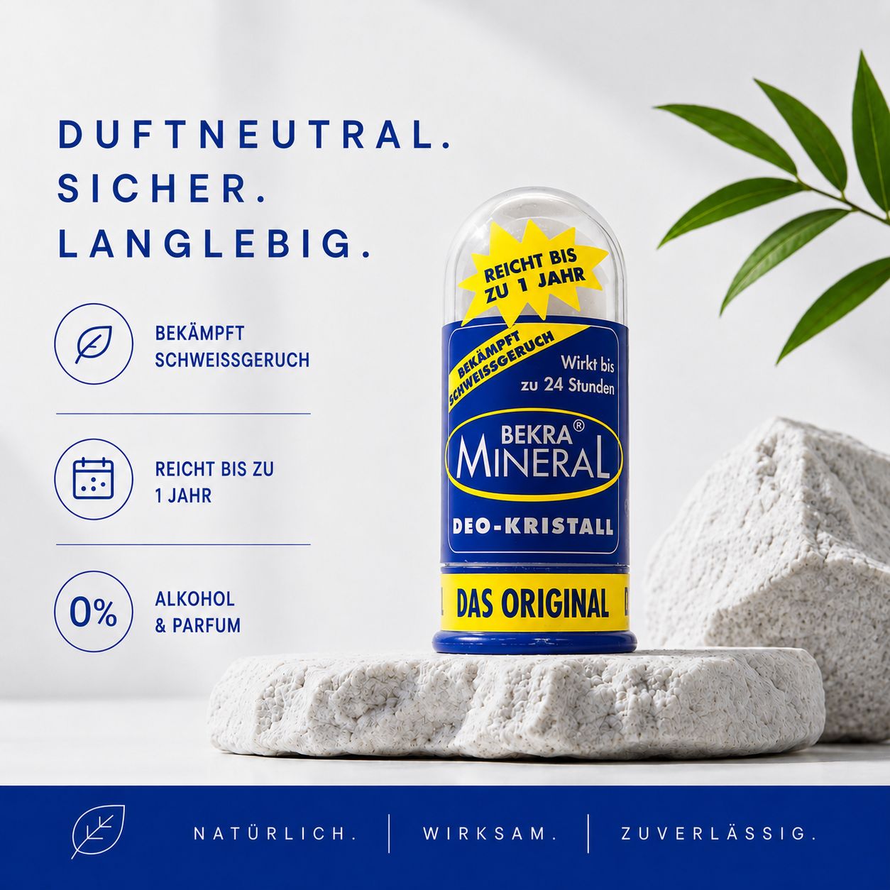 BEKRA Mineral Deo Kristall Klassik: Deo-Kristall auf Stein, umgeben von Blättern und Kristallen. "Das Original".