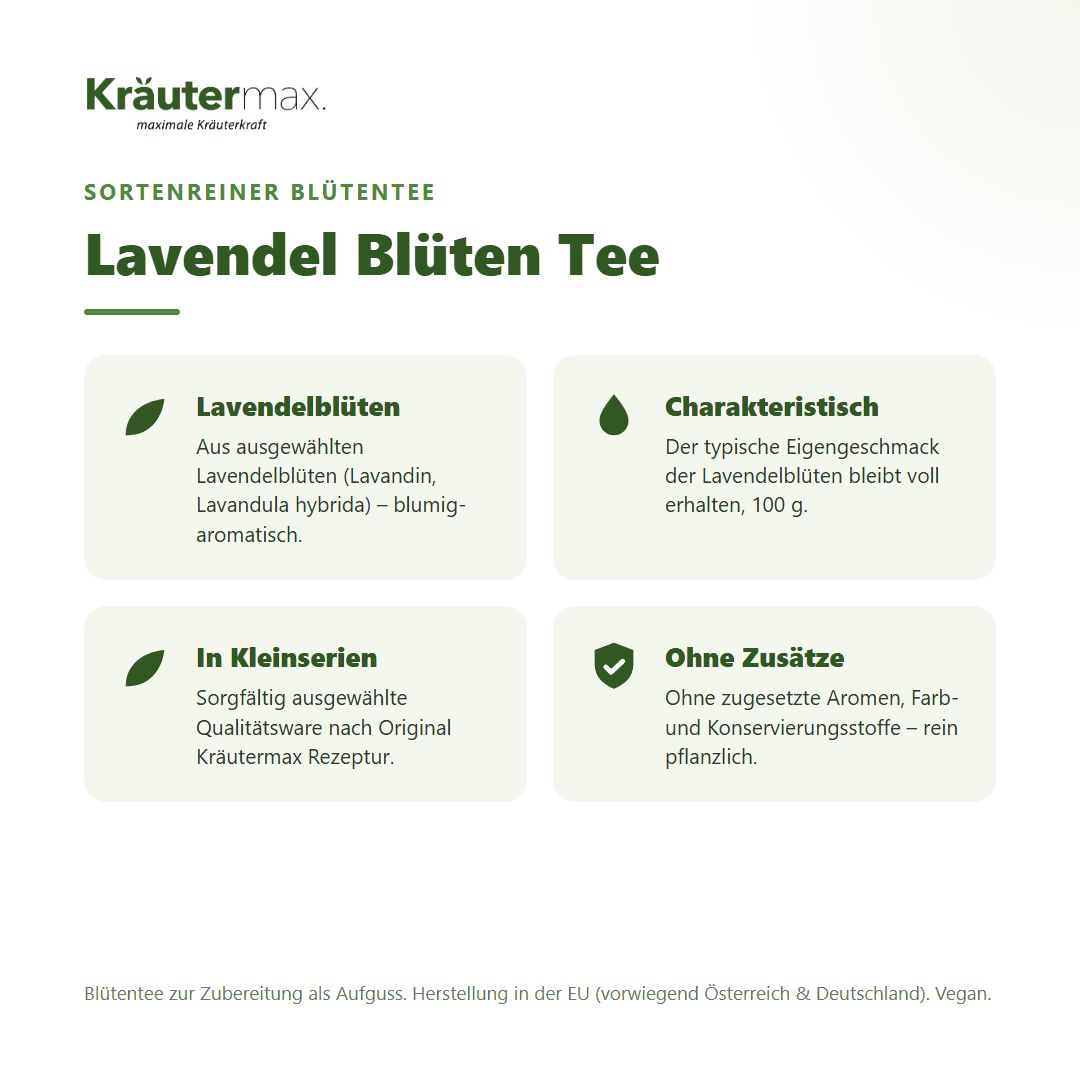 Kräutermax Lavendelblüten Tee: Eigenschaften und Inhalt.