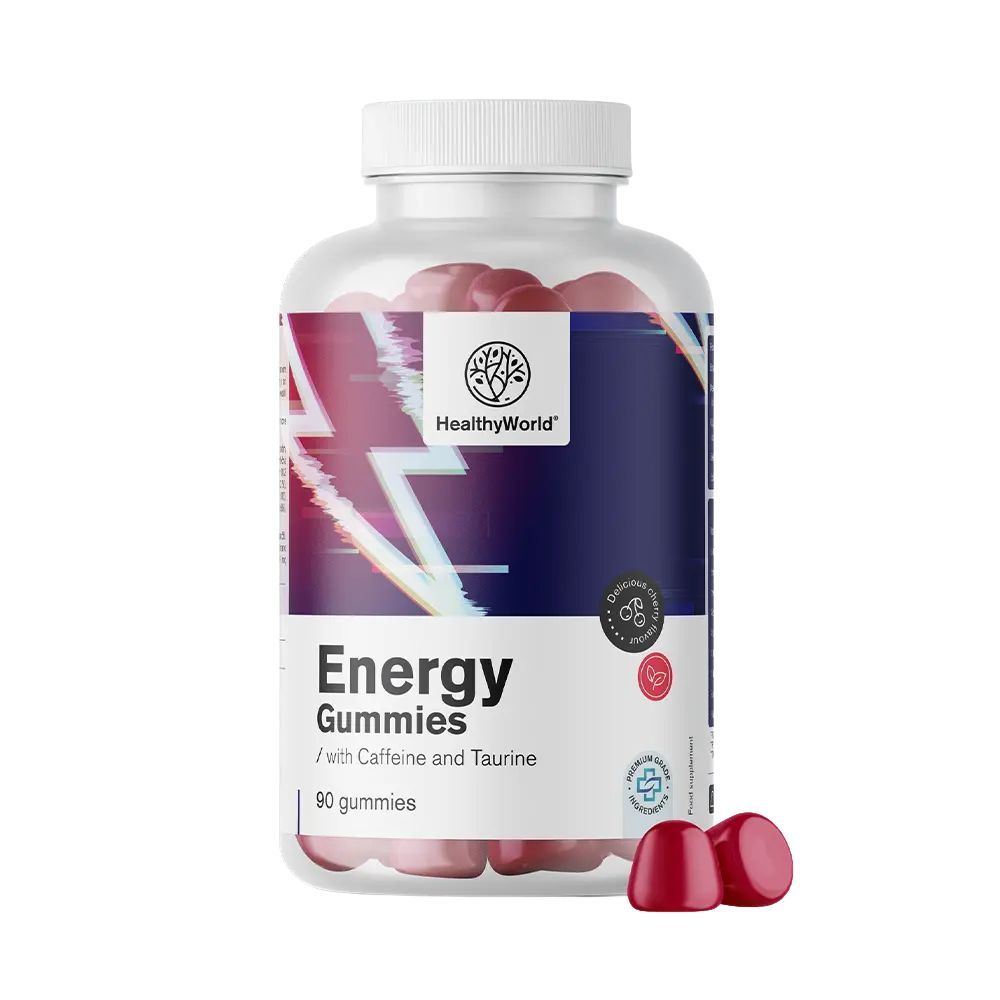 Flasche mit 90 Energy Gummis, rot, mit Koffein und Taurin.