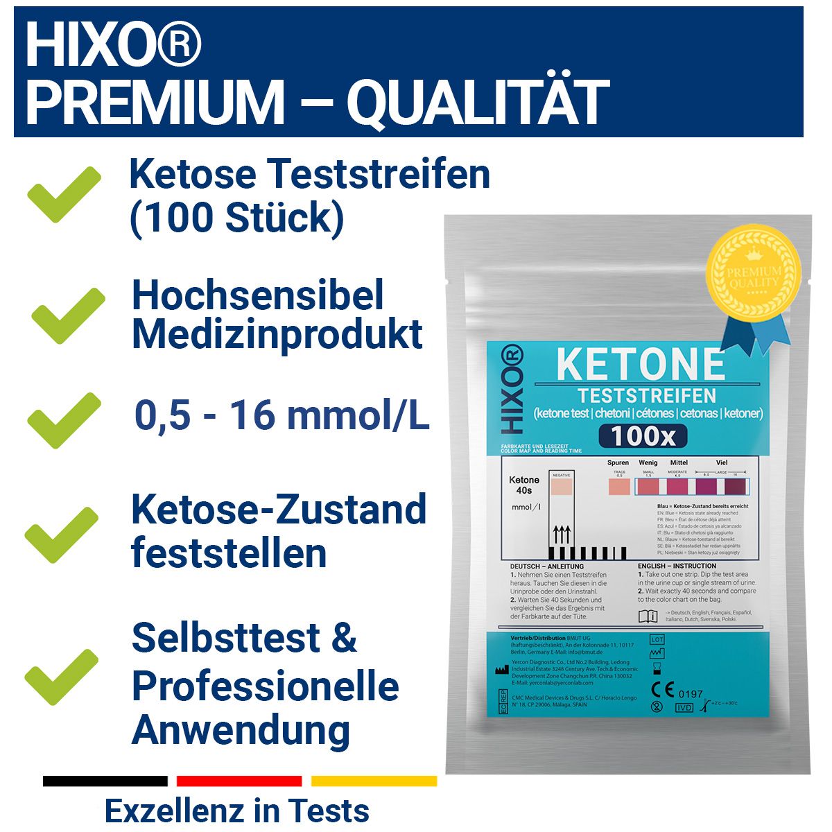 Verpackung mit HIXO Ketose Teststreifen. Text: PREMIUM - QUALITÄT, Ketose Teststreifen (100 Stück), Medizinprodukt. Goldener Aufkleber.