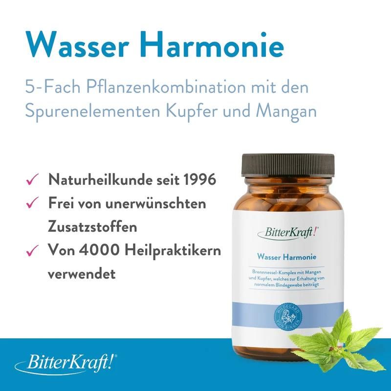 Produktflasche neben Text. Text: Wasser Harmonie, 5-Fach Pflanzenkombination. Naturheilkunde seit 1996. Frei von Zusatzstoffen.