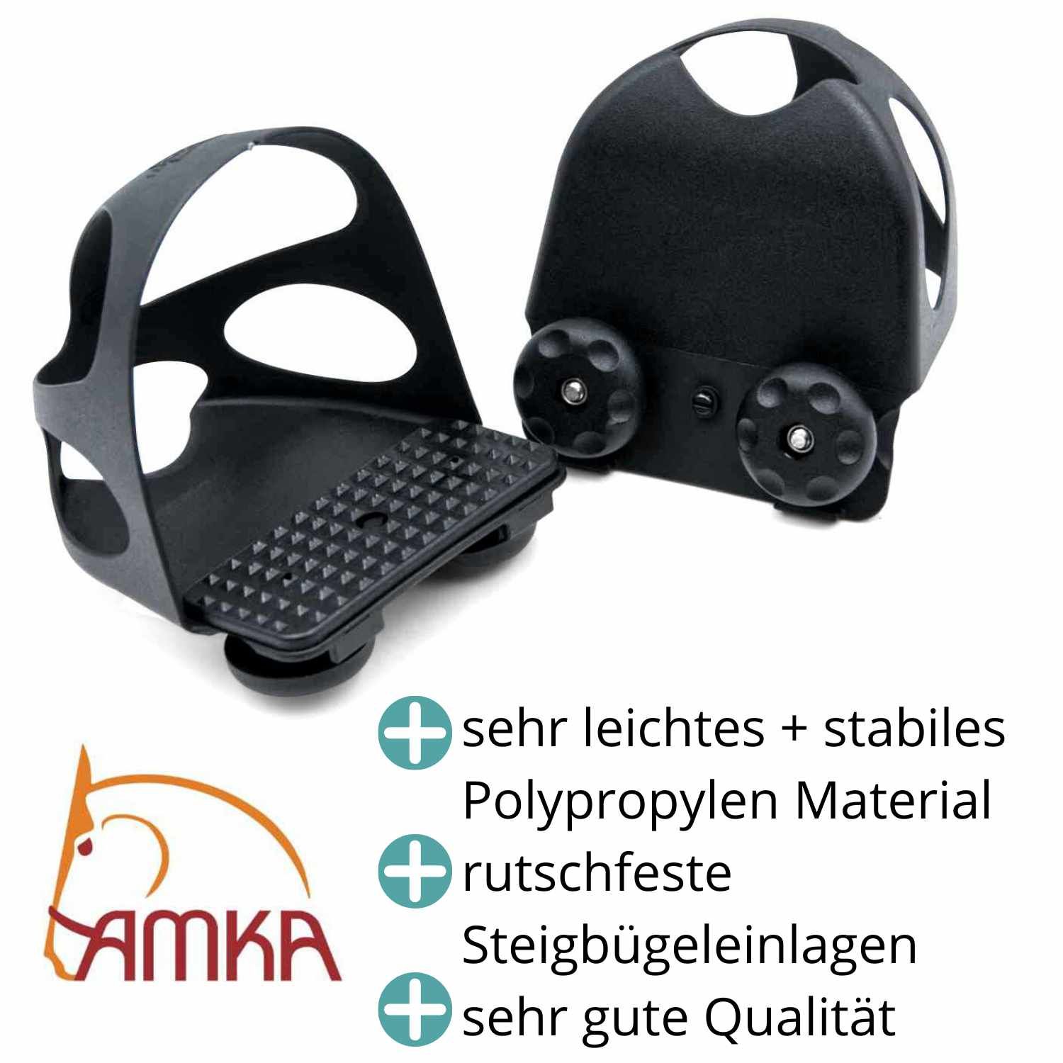 Schwarze Steigbügeleinlagen. Rutschfestes Polypropylen Material. AMKA Logo. Sehr gute Qualität.