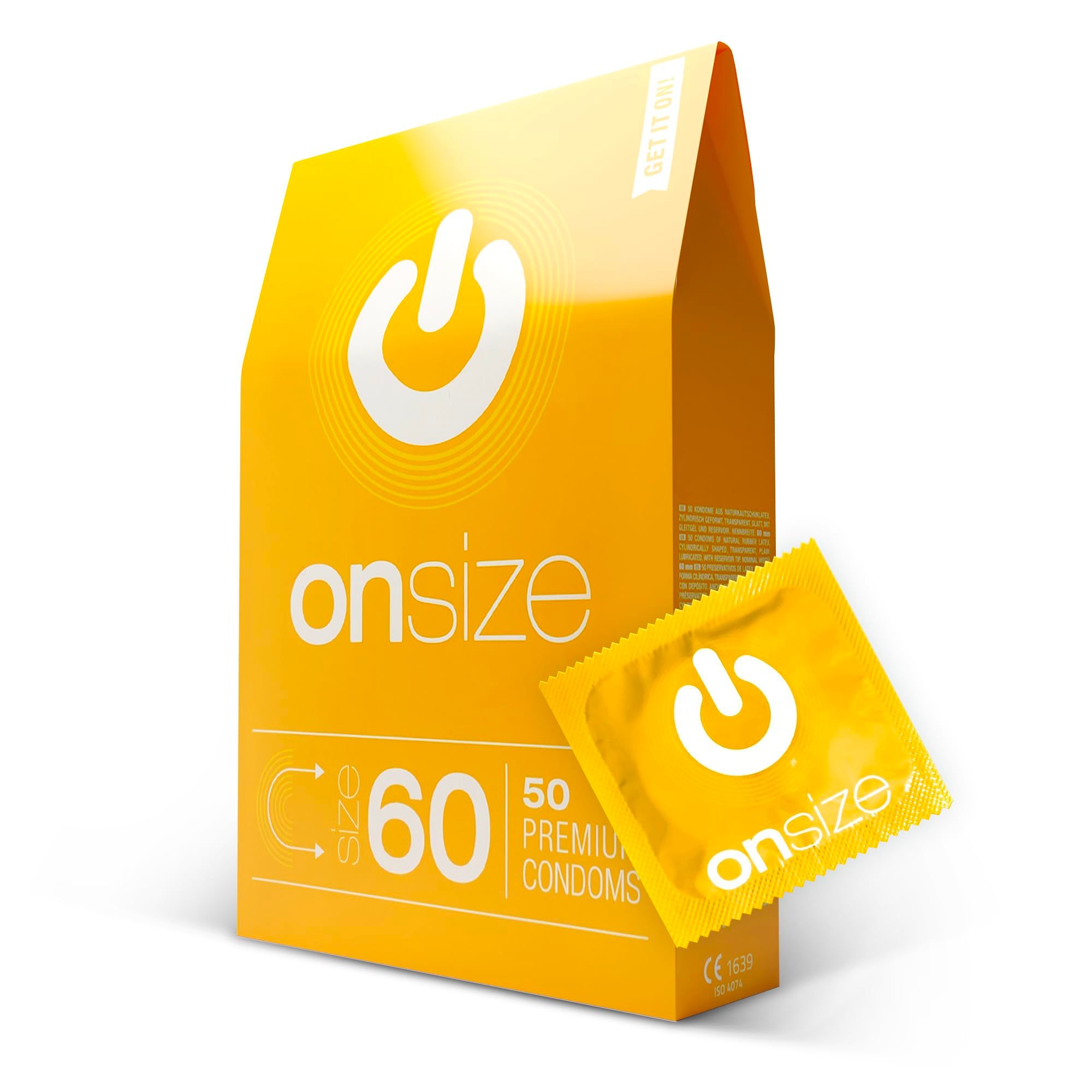 Packung und einzeln verpacktes Kondom mit ONsize Logo.