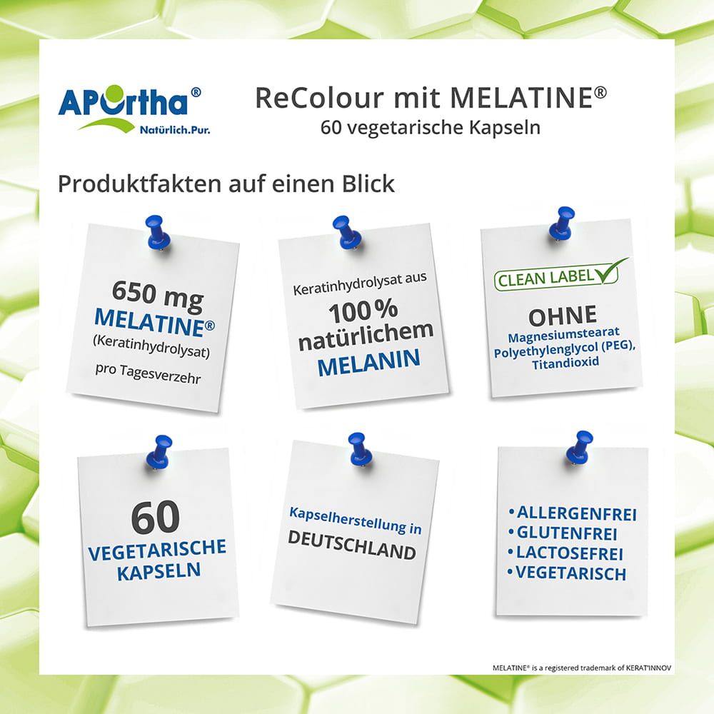 Notizen mit Produktinformationen. 650 mg Melatine, 100% natürliches Melanin, ohne Zusatzstoffe, 60 vegetarische Kapseln, hergestellt in Deutschland.