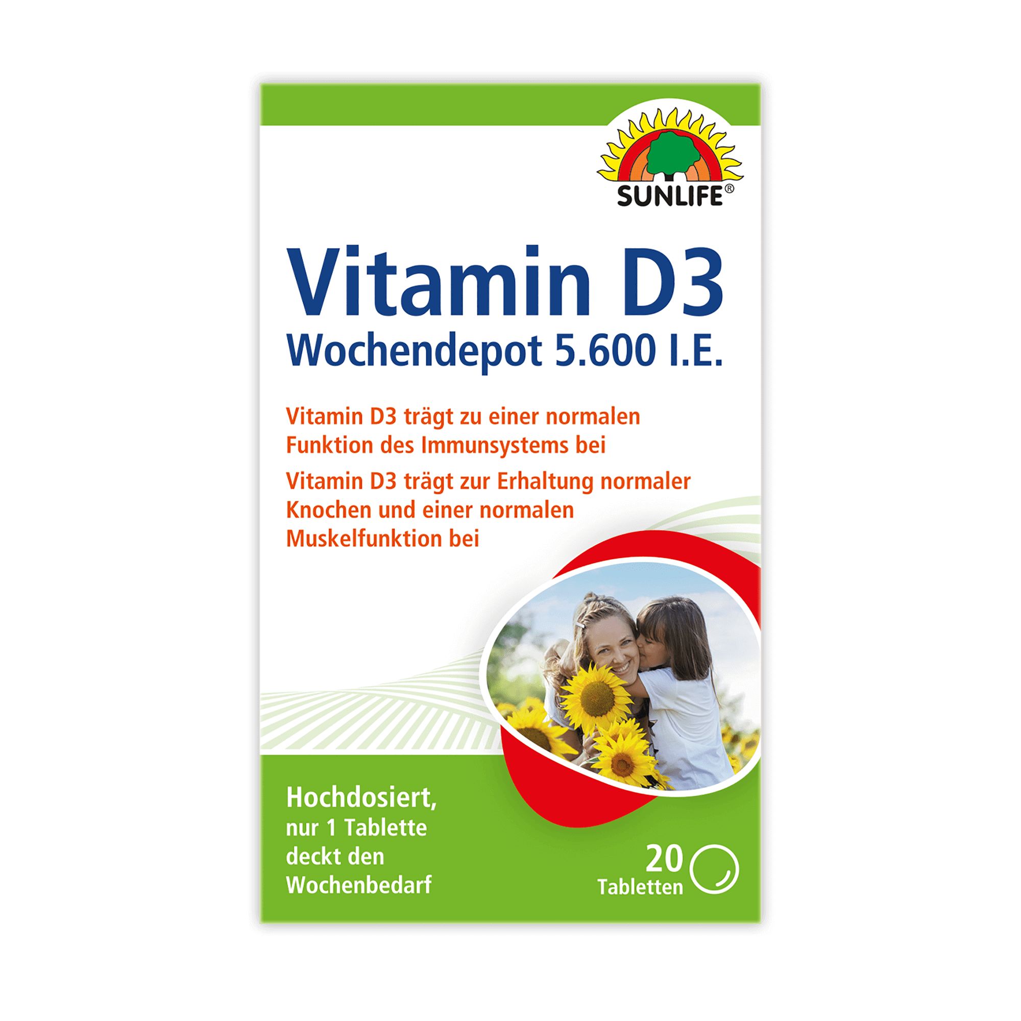 SUNLIFE Vitamin D3 Wochendepot Packung. Grün-weiß, Produktname und Logo. Enthält 20 Tabletten. Bild einer Frau und Kind mit Sonnenblumen.