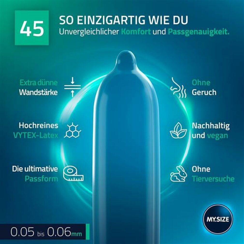 Blauer Kondom. Merkmale: extra dünn, geruchsfrei, vegan, ohne Tierversuche. Text: 45, VYTEX-Latex, ultimative Passform.
