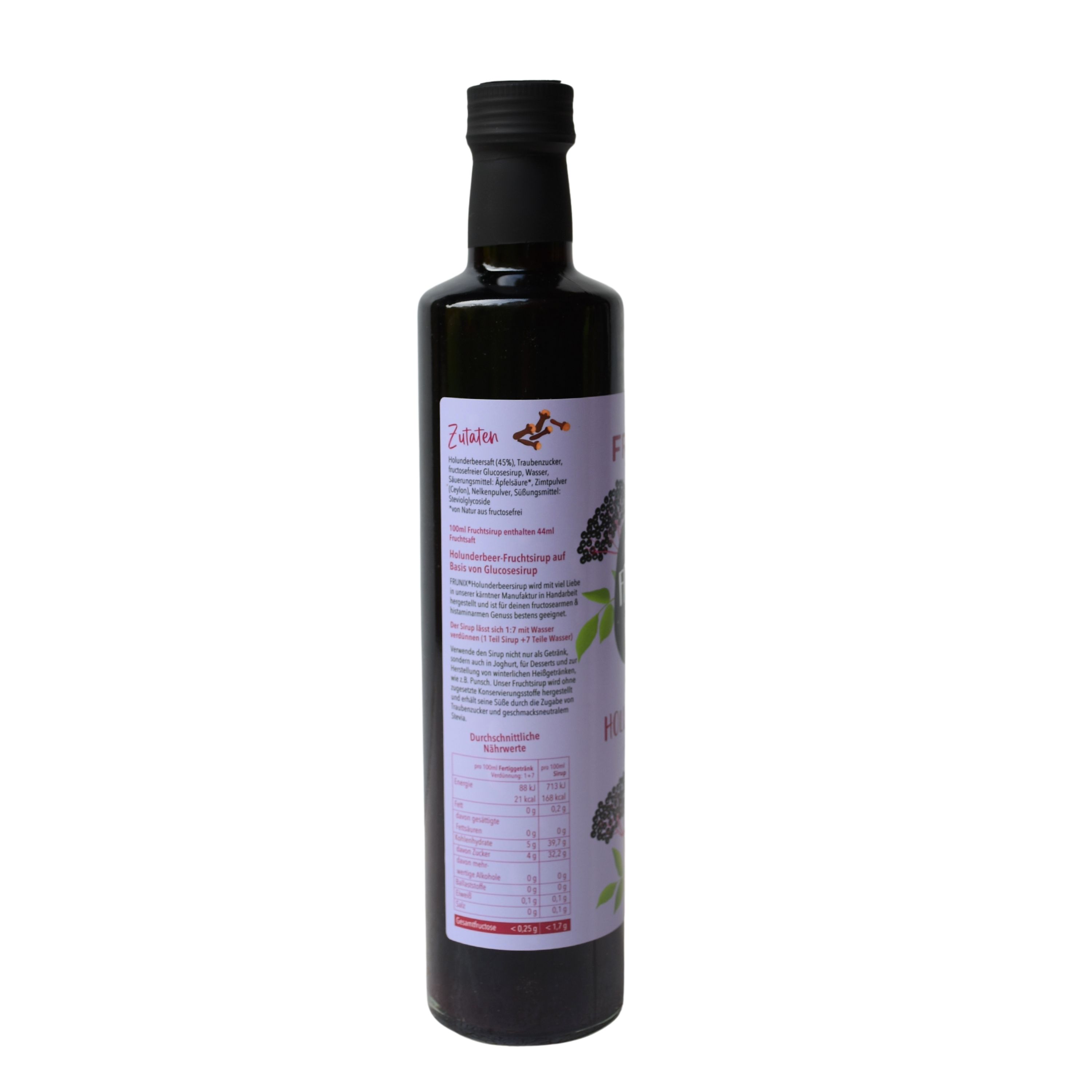 Dunkle Glasflasche mit schwarzem Verschluss. Etikett mit Produktinformationen, Illustrationen und Nährwertangaben.