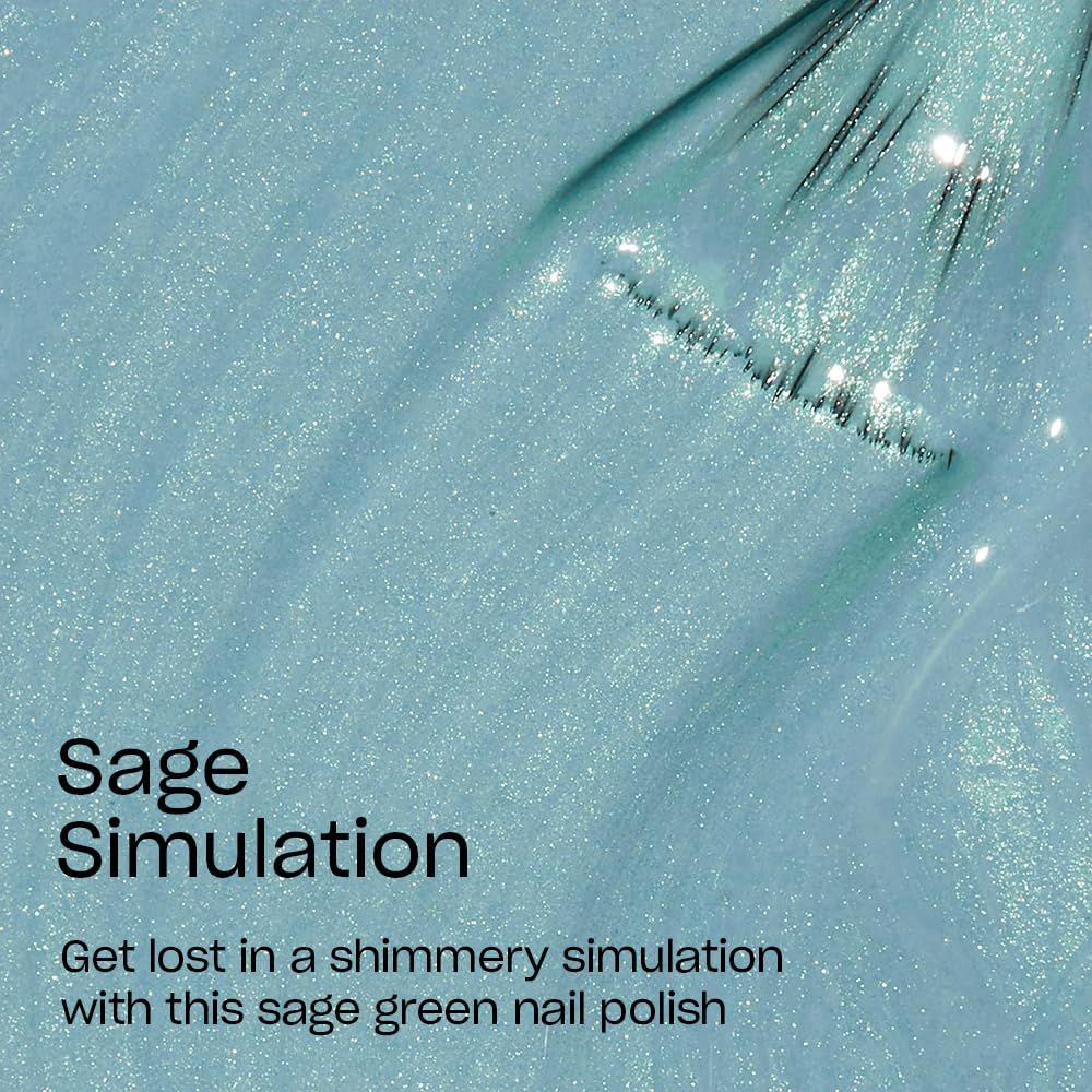 Nahaufnahme von Nagellack mit dem Titel 'Sage Simulation'. Der Lack ist hellgrün mit Glitzer.