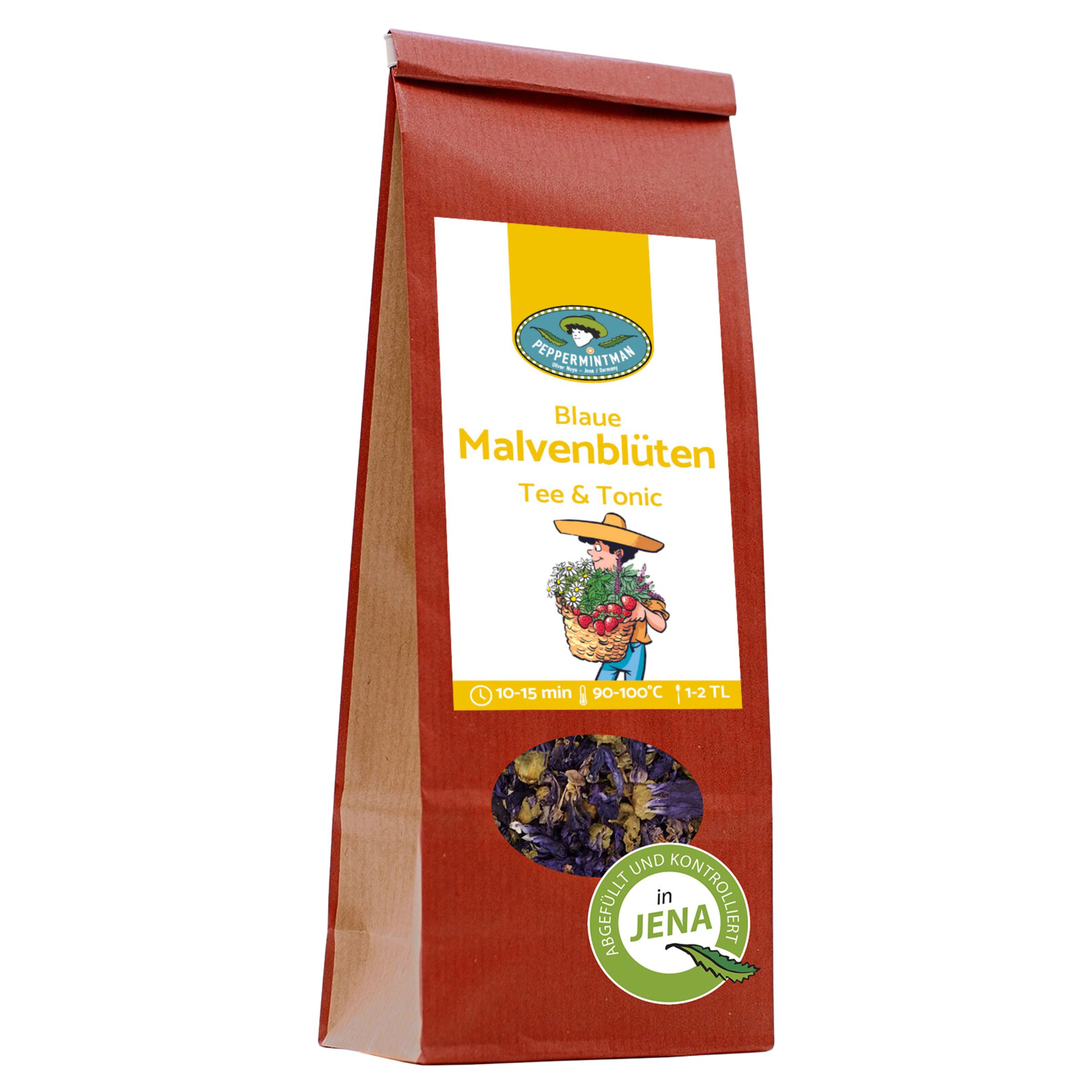 Braune Papiertüte mit Etikett. Aufschrift: Blaue Malvenblüten Tee & Tonic. Logo mit Person. Sichtfenster mit Blüten. Siegel 'in JENA'.