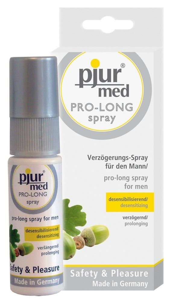 Flasche und Verpackung. Aufschrift: pjur med PRO-LONG spray, Verzögerungs-Spray für den Mann. Mit Sprühkopf.