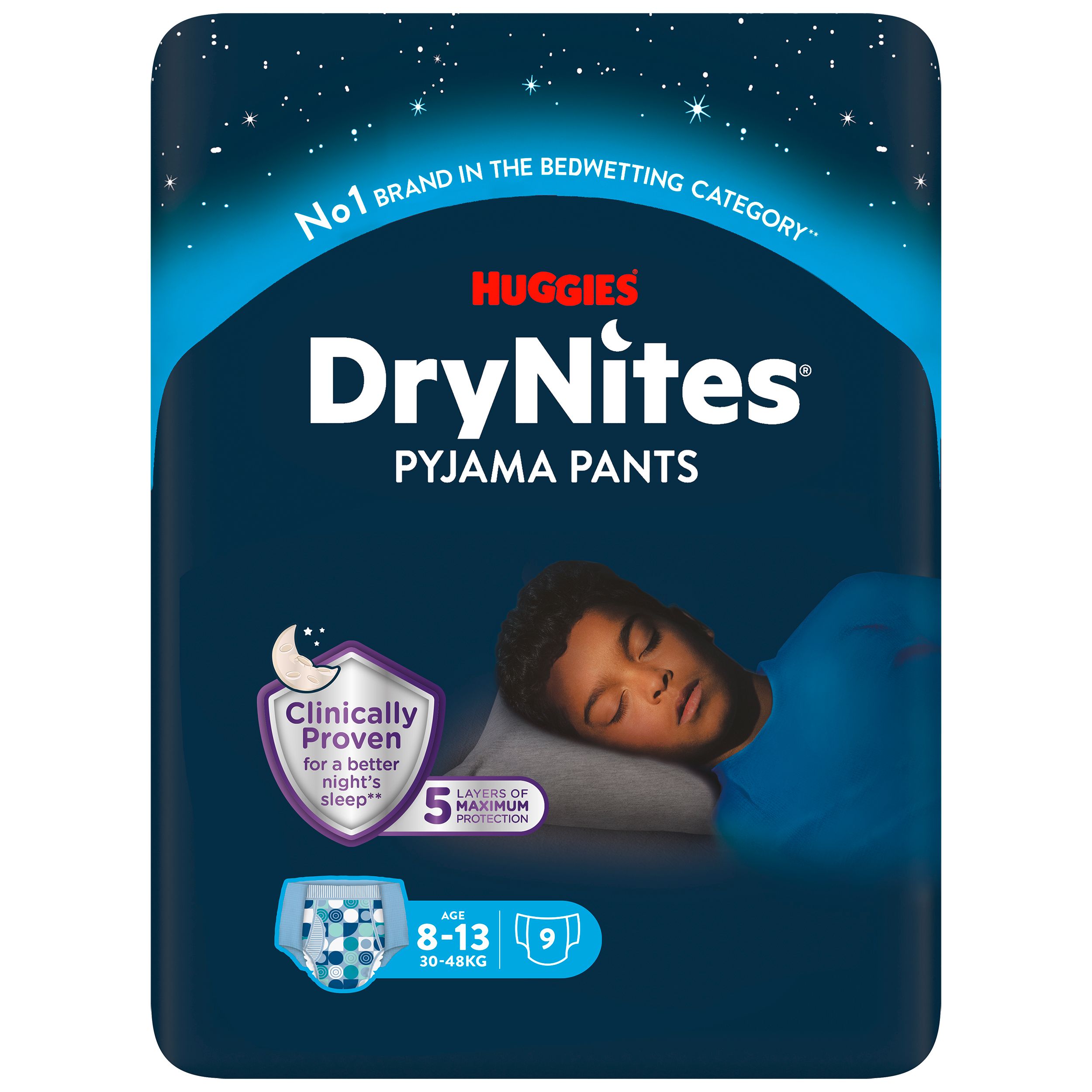 Huggies DryNites Pyjama Pants. Verpackung. Alter 8-13 Jahre, 30-48 kg. 5 Schutzschichten. Klinisch erwiesen für besseren Schlaf.