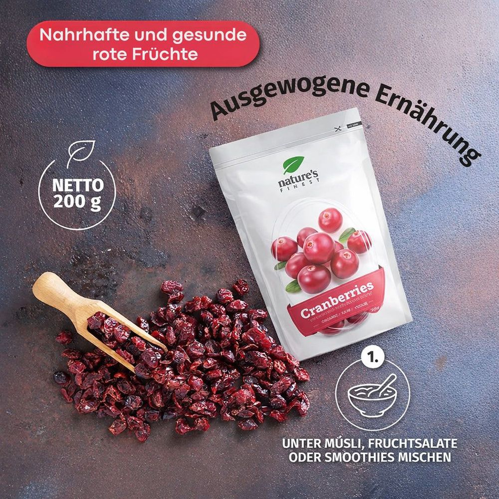 Nature's Finest Cranberries: Beutel, getrocknete Cranberries, Löffel, Nettofüllmenge 200g.