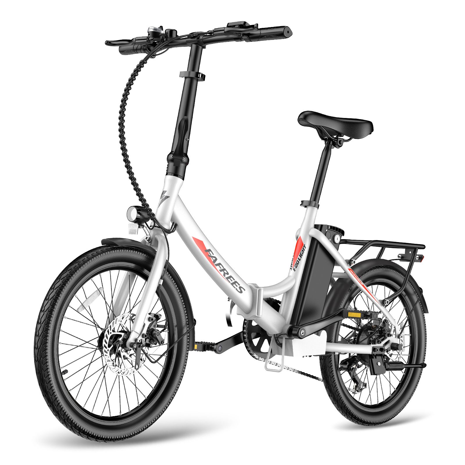 Silbernes Fafrees F20Light E-Bike mit schwarzem Sattel, Reifen und Gepäckträger. Frontlicht sichtbar.