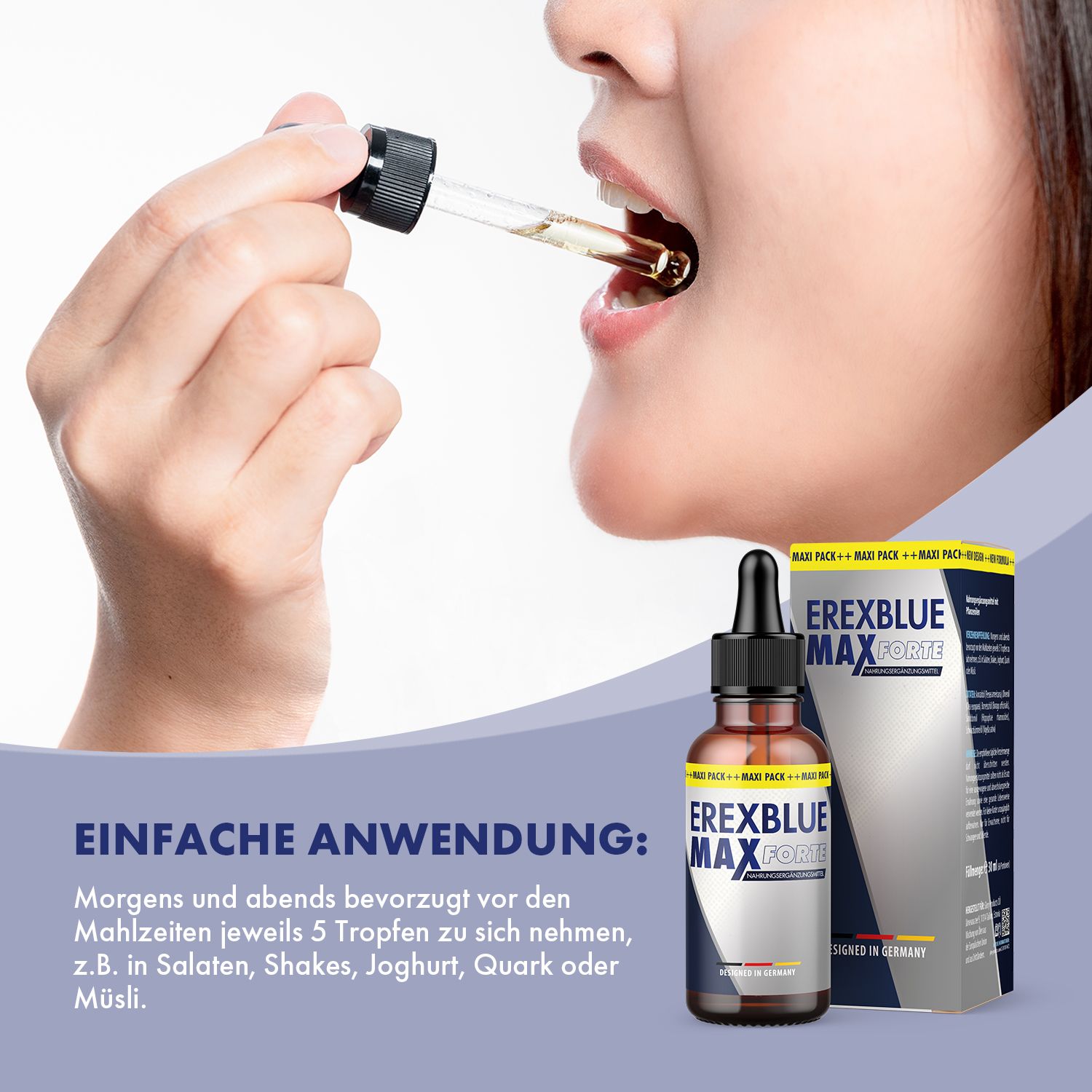 Person nimmt Tropfen aus einer Flasche mit Pipette in den Mund. Flasche und Verpackung von EREXBLUE MAX FORTE.
