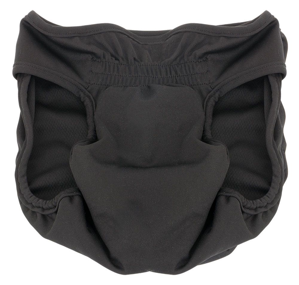 Schwarze Hündinnenwindel, Innenseite sichtbar. Elastischer Bund, atmungsaktives Material.